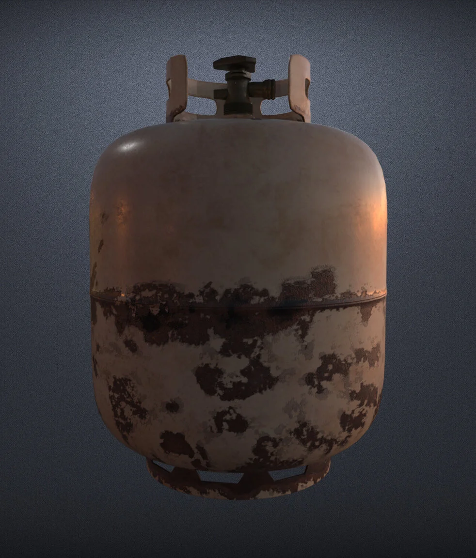 An old, rusted propane tank against a dark background.