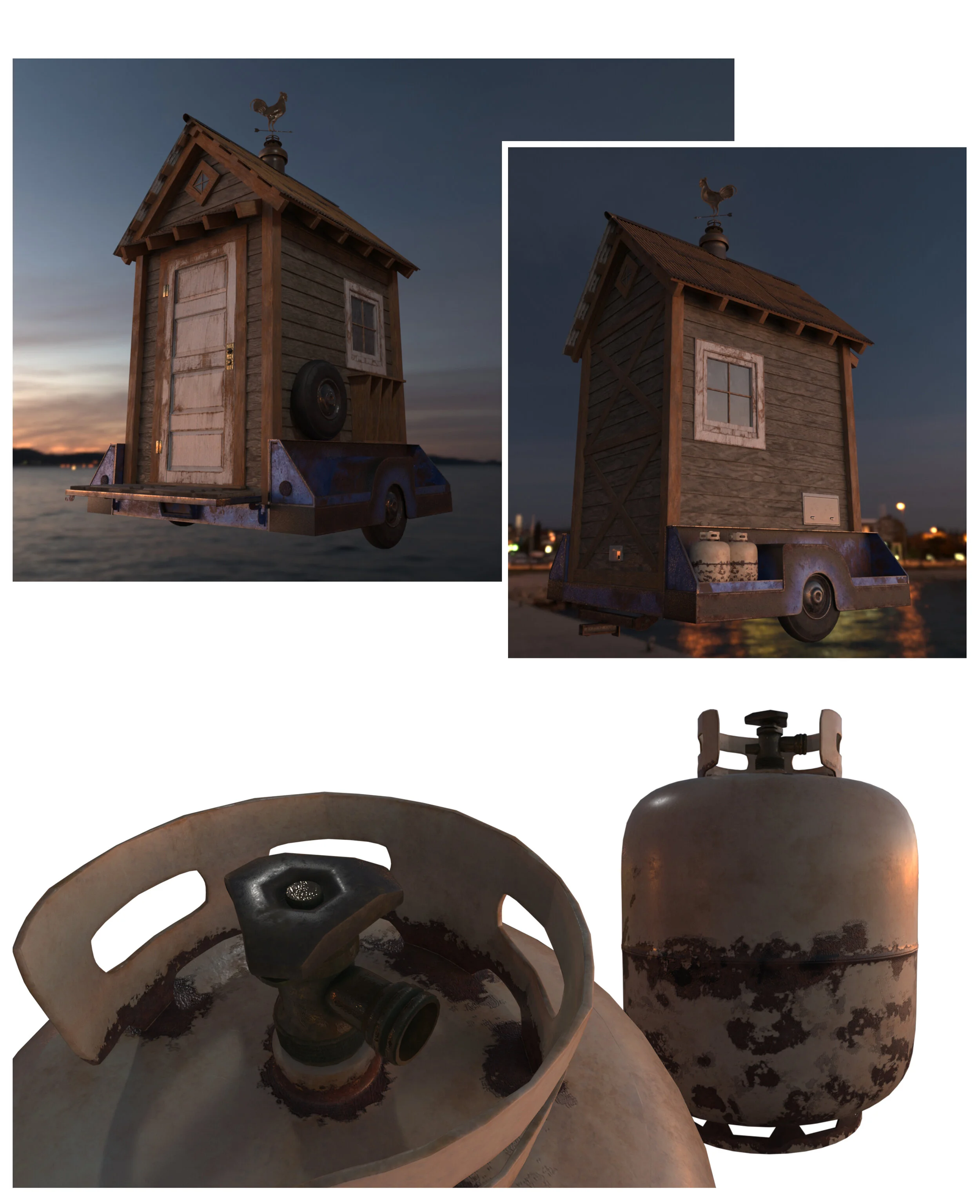 Two images of a small wooden house on a trailer with a rooster weather vane on top. The house has a window and appears aged. The setting is dusk or early evening. The bottom part shows two propane tanks, one rusted and one with a valve and a handle.