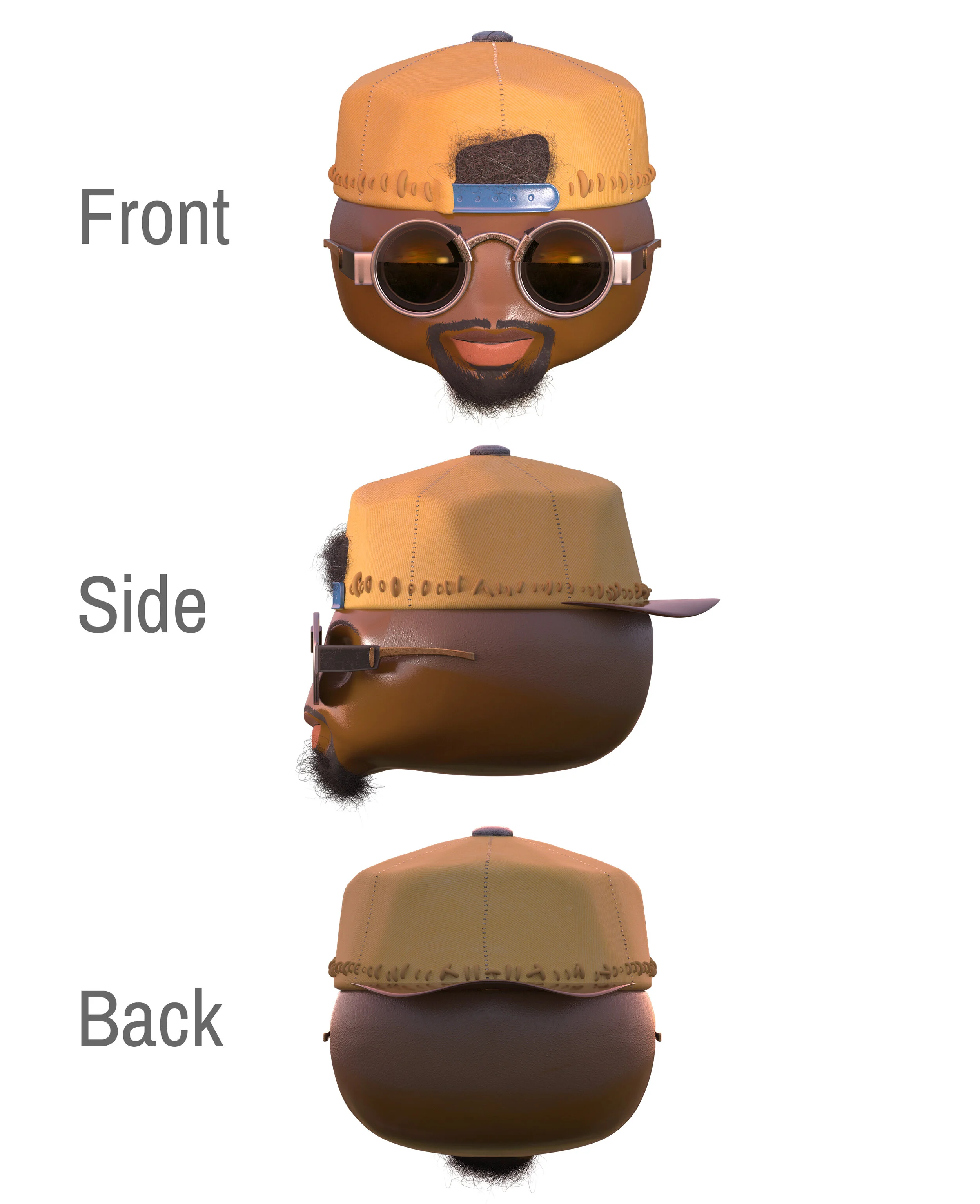 Front, side, and back views of a cartoon-style representation of a man wearing a tan baseball cap, sunglasses, and has a beard and mustache.