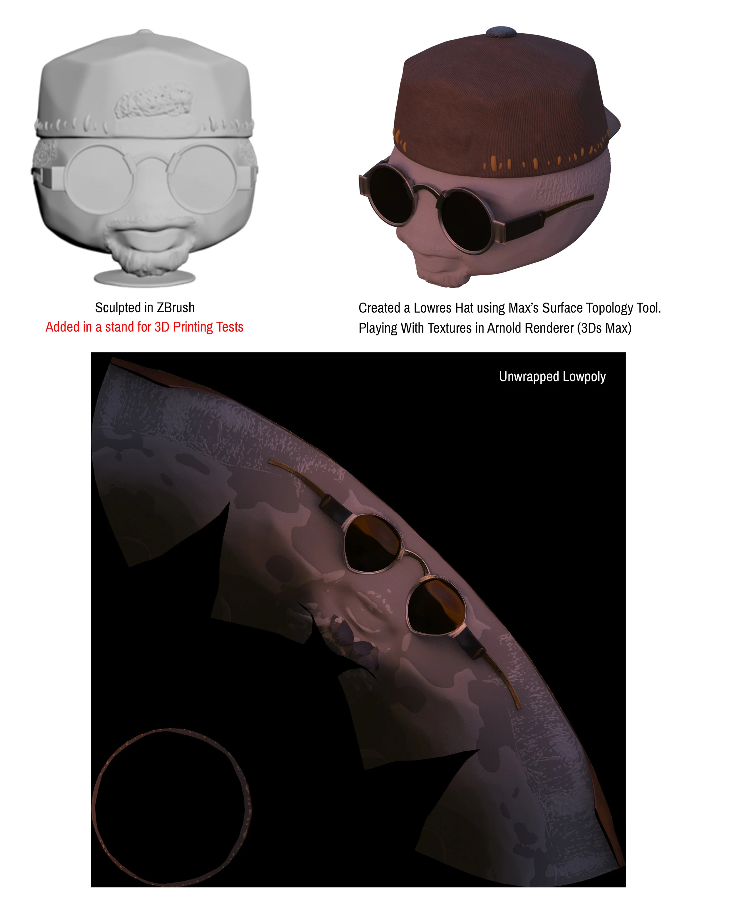Three images showing 3D modeled sunglasses and a low-poly hat, with text describing the modeling process and shows the sunglasses unwrapped on a black background.