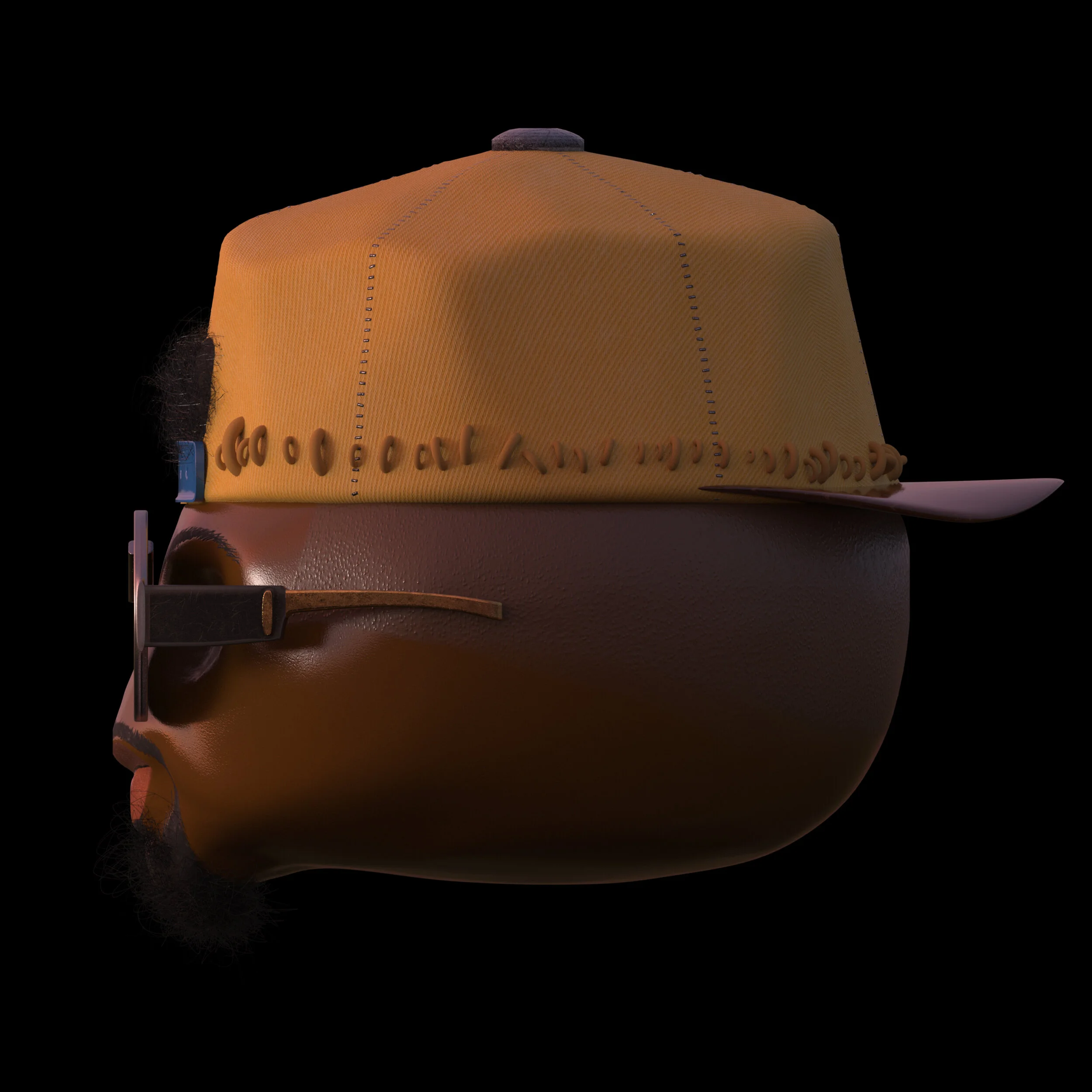 A 3D rendering of a person's head wearing a yellow baseball cap and sunglasses with brown lenses, set against a black background.