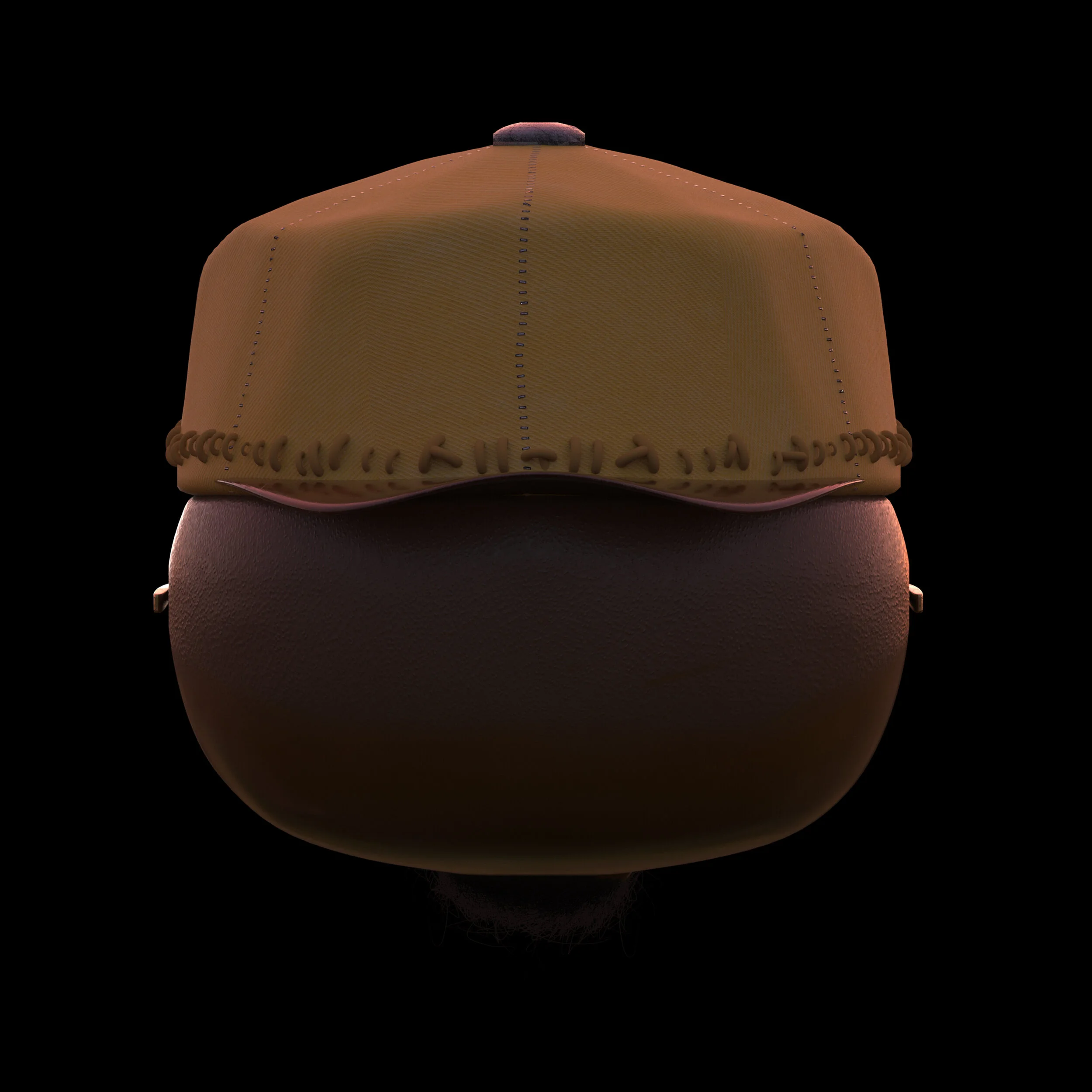 A close-up front view of a baseball cap with a brown bill and a tan crown, against a black background.