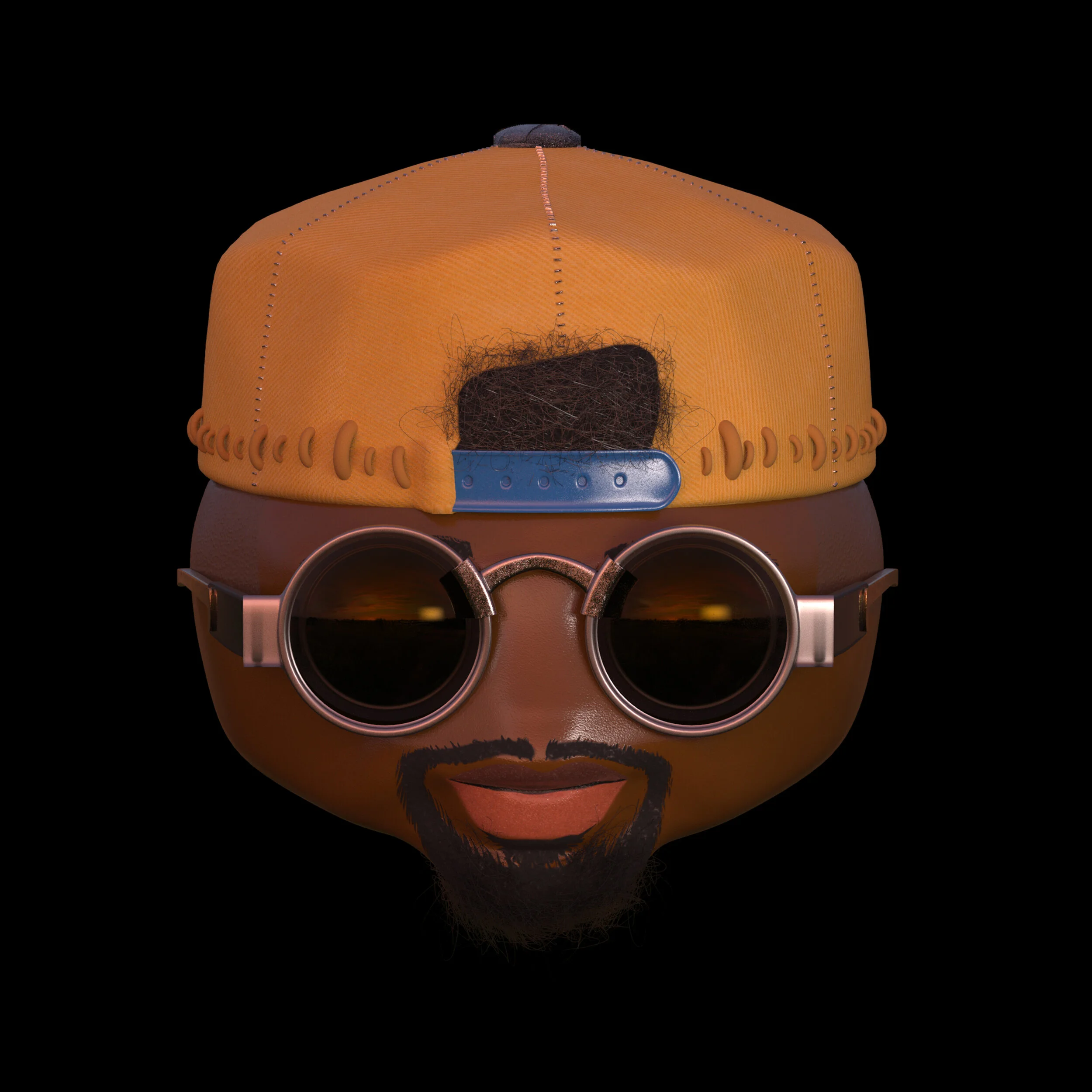 Cartoon face with dark skin, wearing a yellow cap backward, round sunglasses, a goatee, and a smile against a black background.