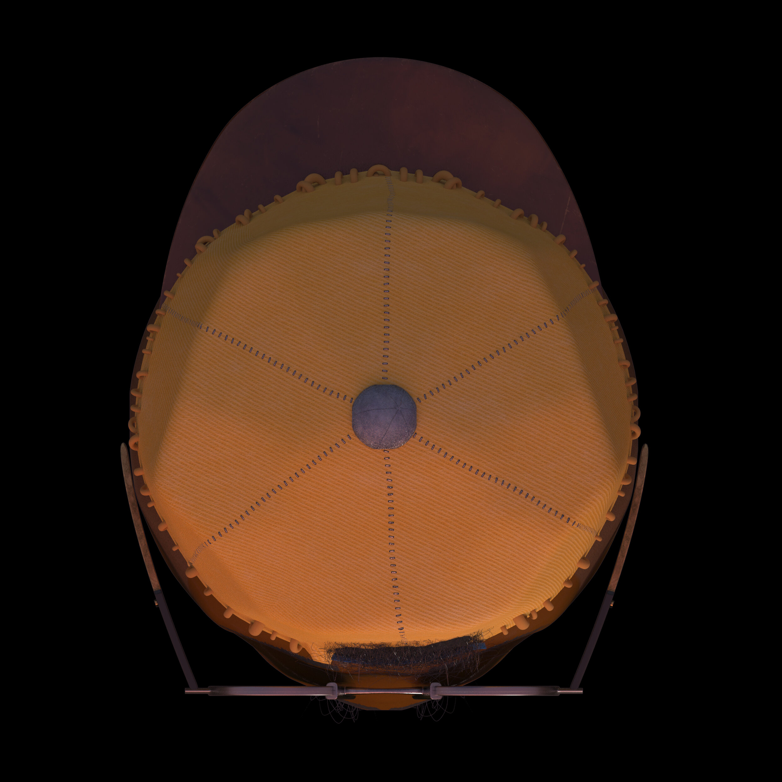 Underwater view of a large, orange-colored submarine, showing the top with a circular hatch and multiple panels, against a dark background.