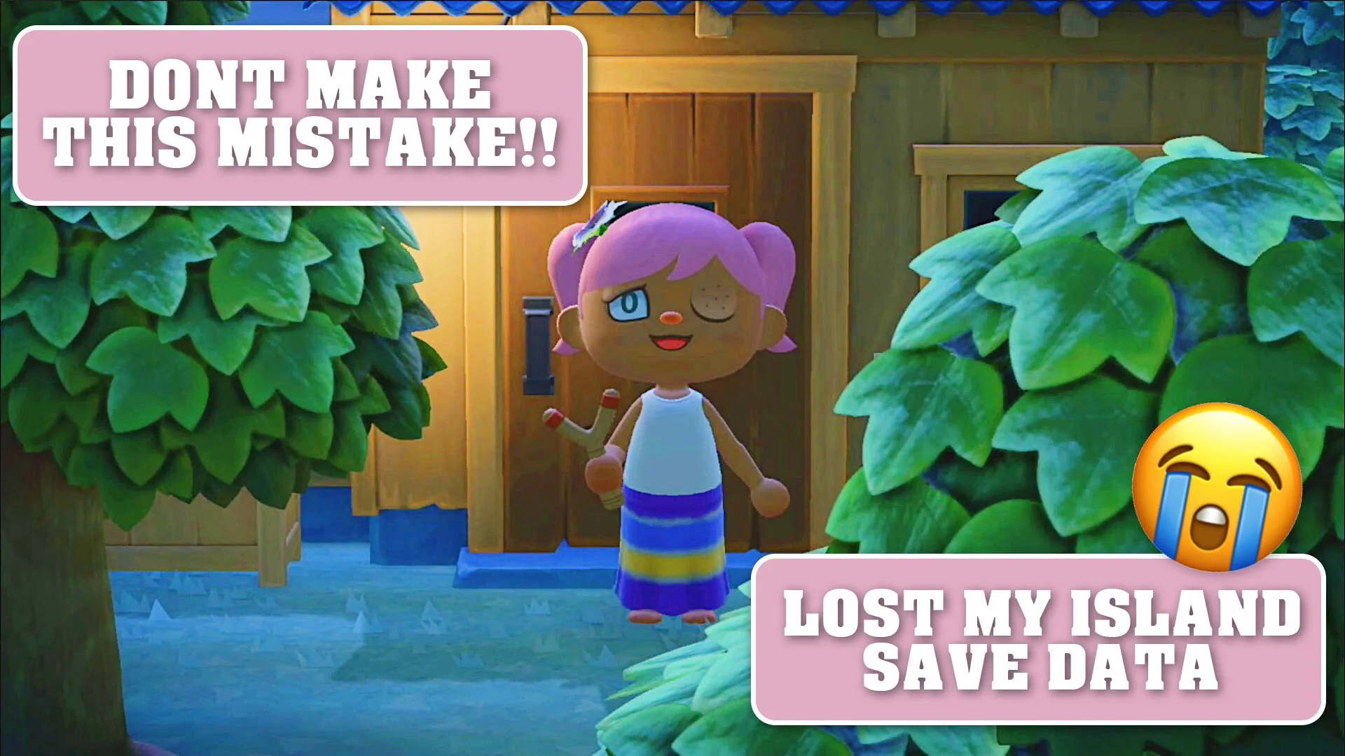 A cartoon girl with pink hair, a bandage on her nose, and a sleeveless top, standing in front of a wooden house surrounded by green bushes. The image contains warning text and emojis, with a message about making a mistake and losing data.