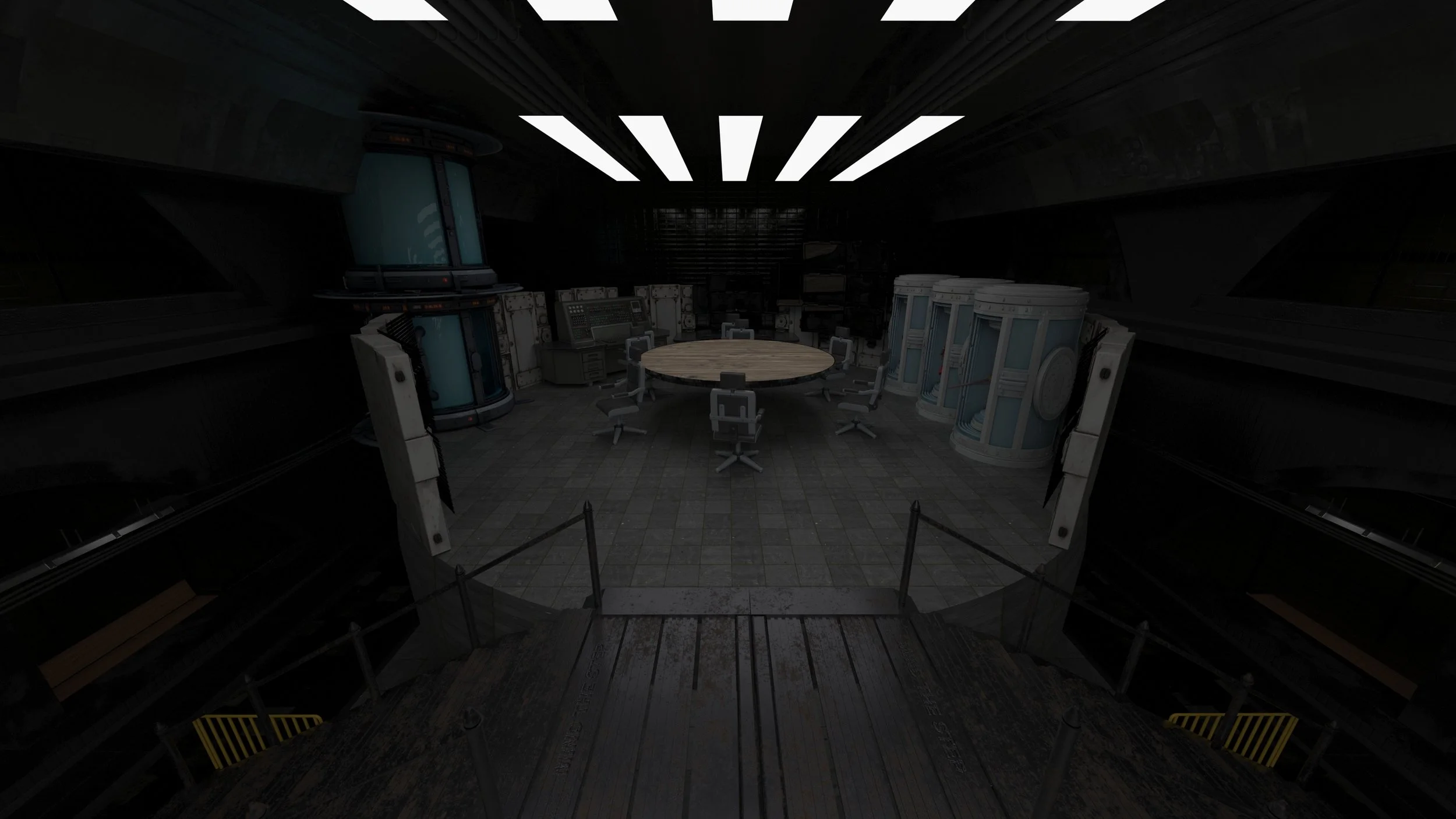 Dark futuristic conference room with a round wooden table, multiple office chairs, transparent capsules, and advanced technology equipment in a sci-fi setting.