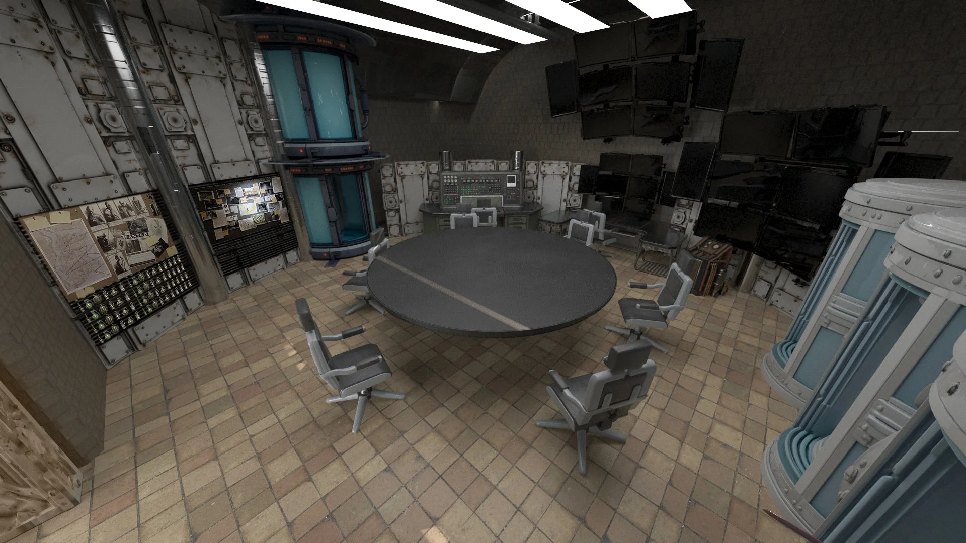 Futuristic control room with a round table surrounded by chairs, multiple monitors, and equipment that resembles a spaceship or science fiction setting.