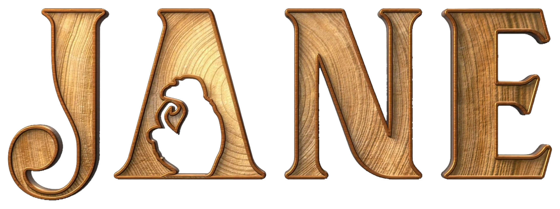 The word 'JANE' written in large wooden letters with a polished finish, showcasing wood grain texture and carved edges.