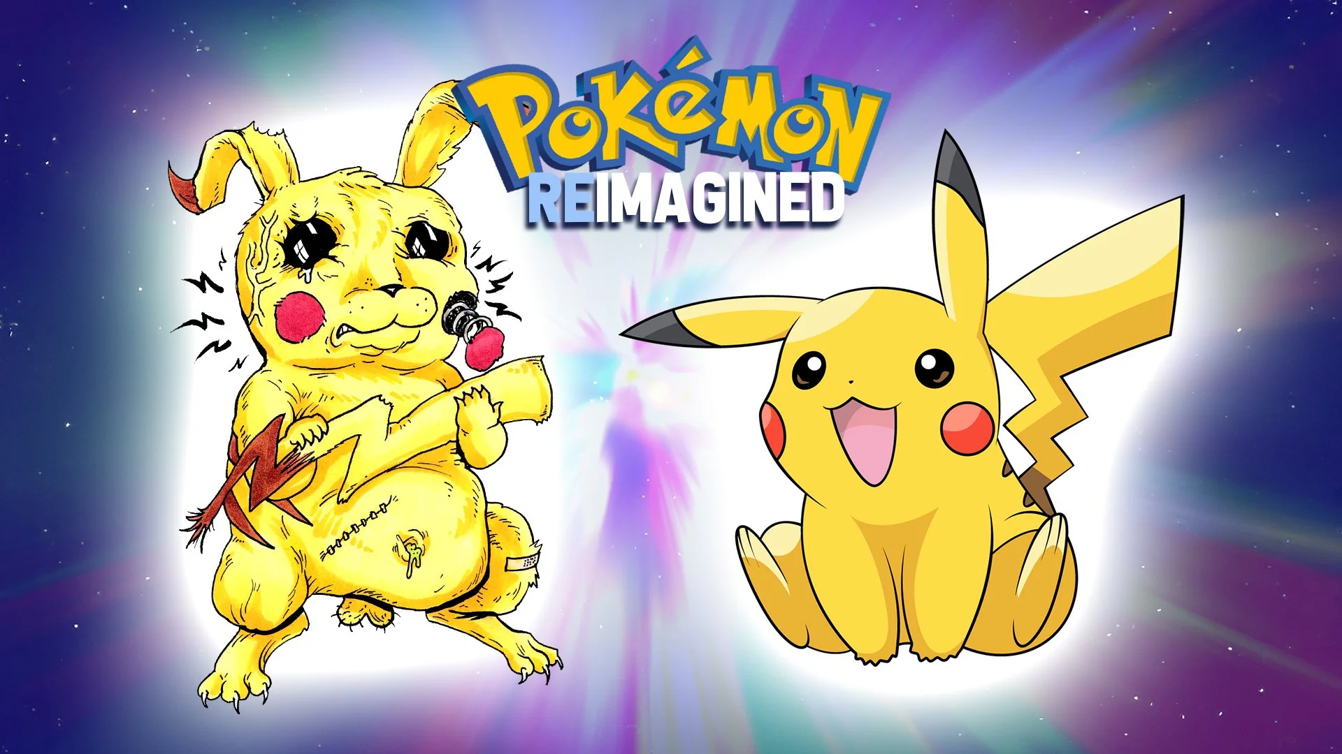Illustration of Pikachu from Pokémon on the right and a distressed, zombie-like Pikachu on the left with bandages, a battery pack, and electric attack symbols, against a colorful cosmic background with the Pokémon Reimagined logo above.