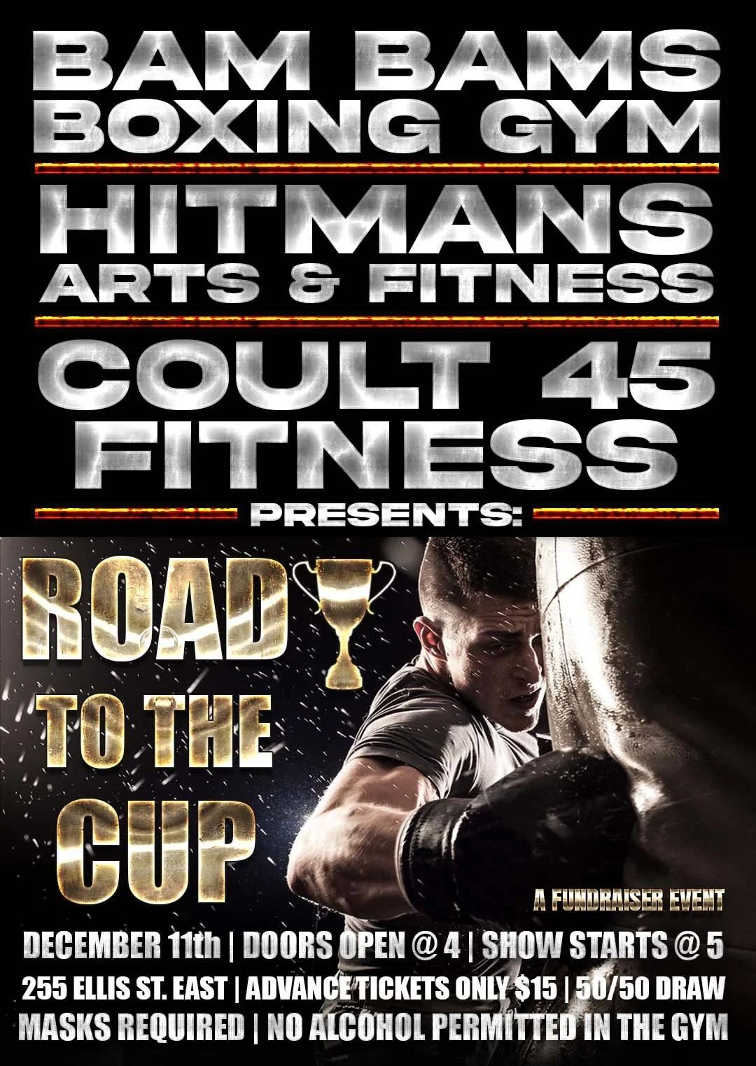 Poster advertising a boxing event called 'Road to the Cup' featuring a young male boxer in a fighting stance, punching a heavy bag, with event details including date, time, location, ticket price, and safety guidelines.