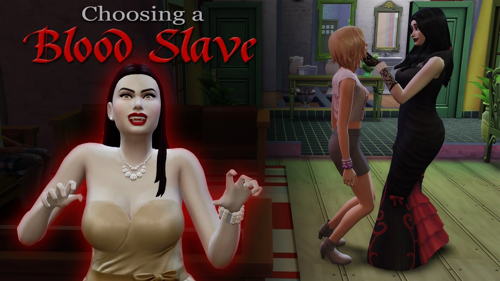 Illustration of a video game scene with text 'Choosing a Blood Slave'. Features two women in an indoor setting, one with long black hair and gothic attire, and the other with short blond hair in casual clothing.
