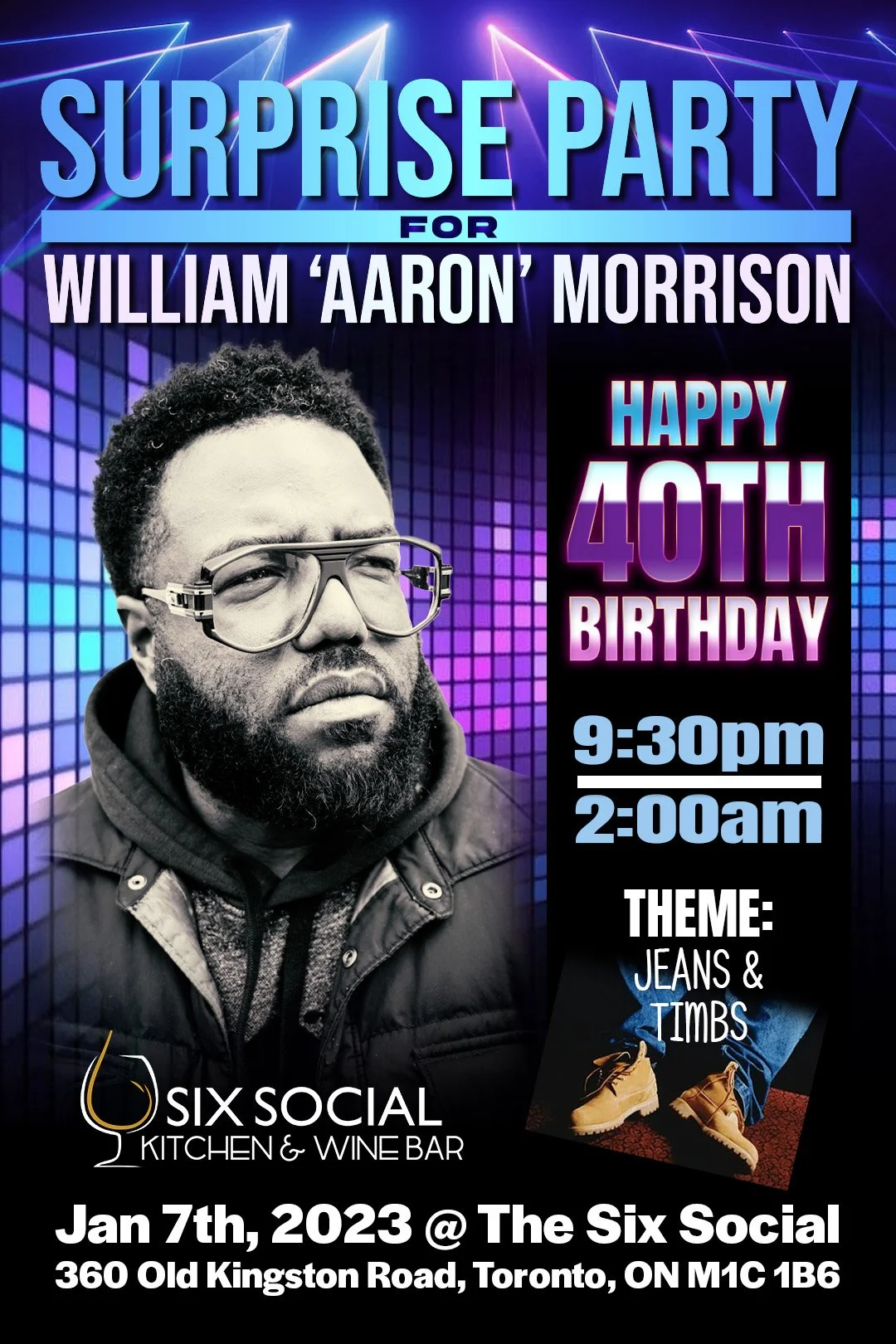 Party invitation with DJ William 'Aaron' Morrison for his 40th birthday. Event details include date, time, theme, location, and venue.