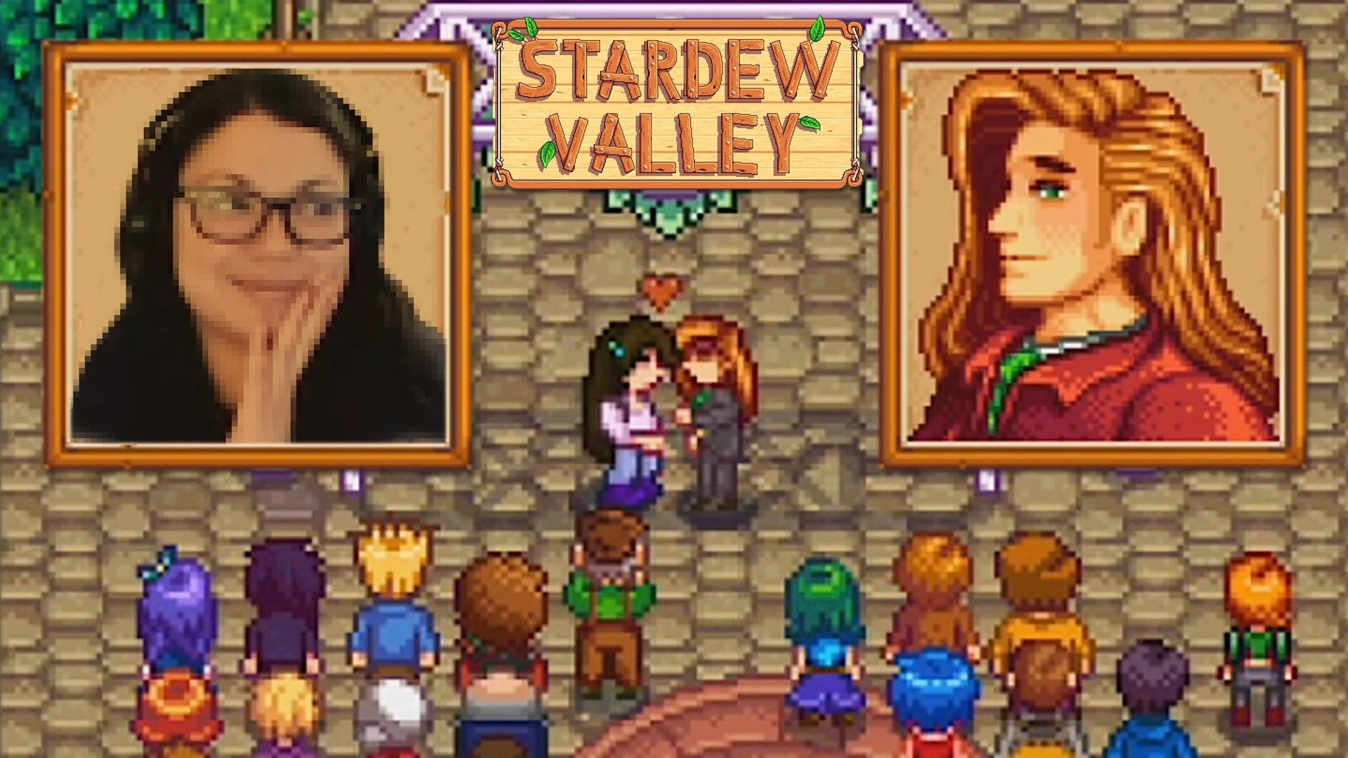 Screenshot from Stardew Valley showing two characters exchanging a wedding kiss with onlookers, heart above them, and two portrait photos of women above, one on the left with glasses and dark hair, the other on the right with long reddish hair.