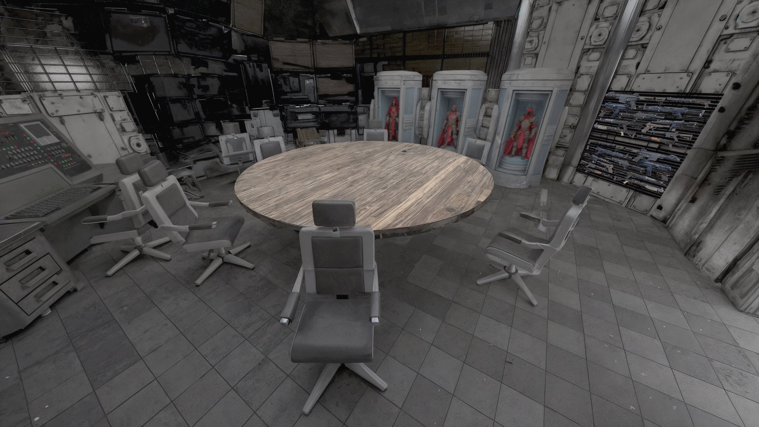 A futuristic strategy room with a large round wooden table, several office chairs, display cases with action figures, and various technological equipment and panels.