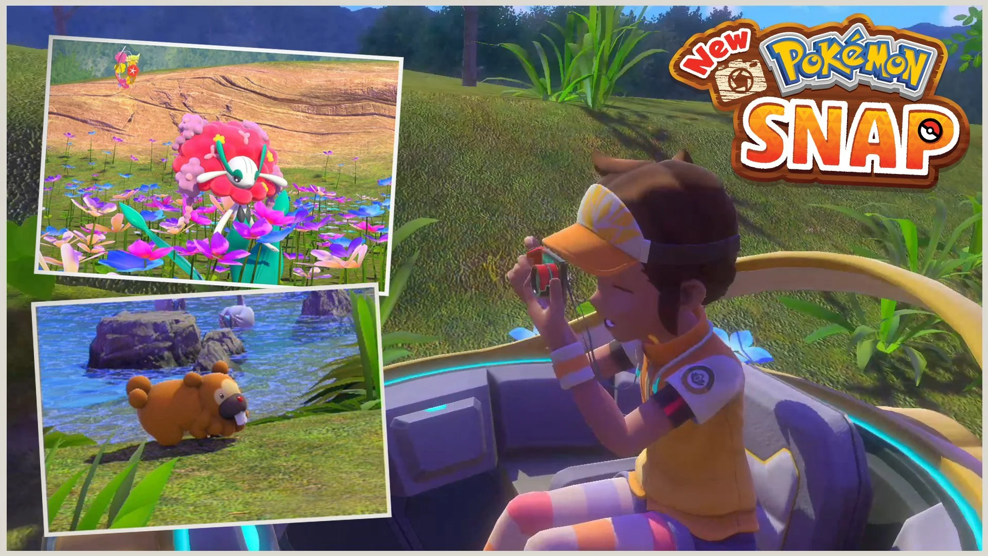 Animated scene from Pokémon Snap featuring a boy in a vehicle taking a photo of a pink and white Pokémon among colorful flowers, with a brown Pokémon near water and rocks in the background.