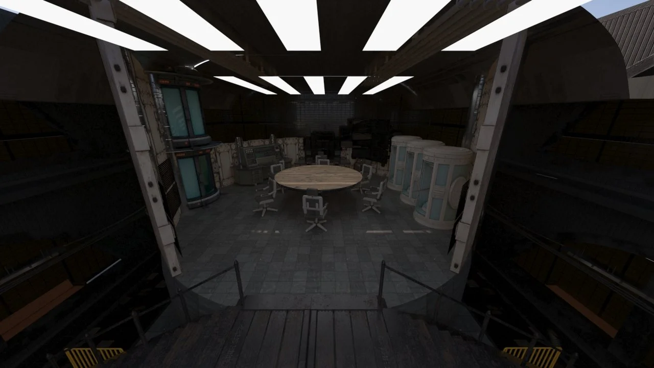 A futuristic conference room with a round wooden table surrounded by chairs, illuminated by bright white ceiling lights, with high-tech equipment and cylindrical containers along the walls.