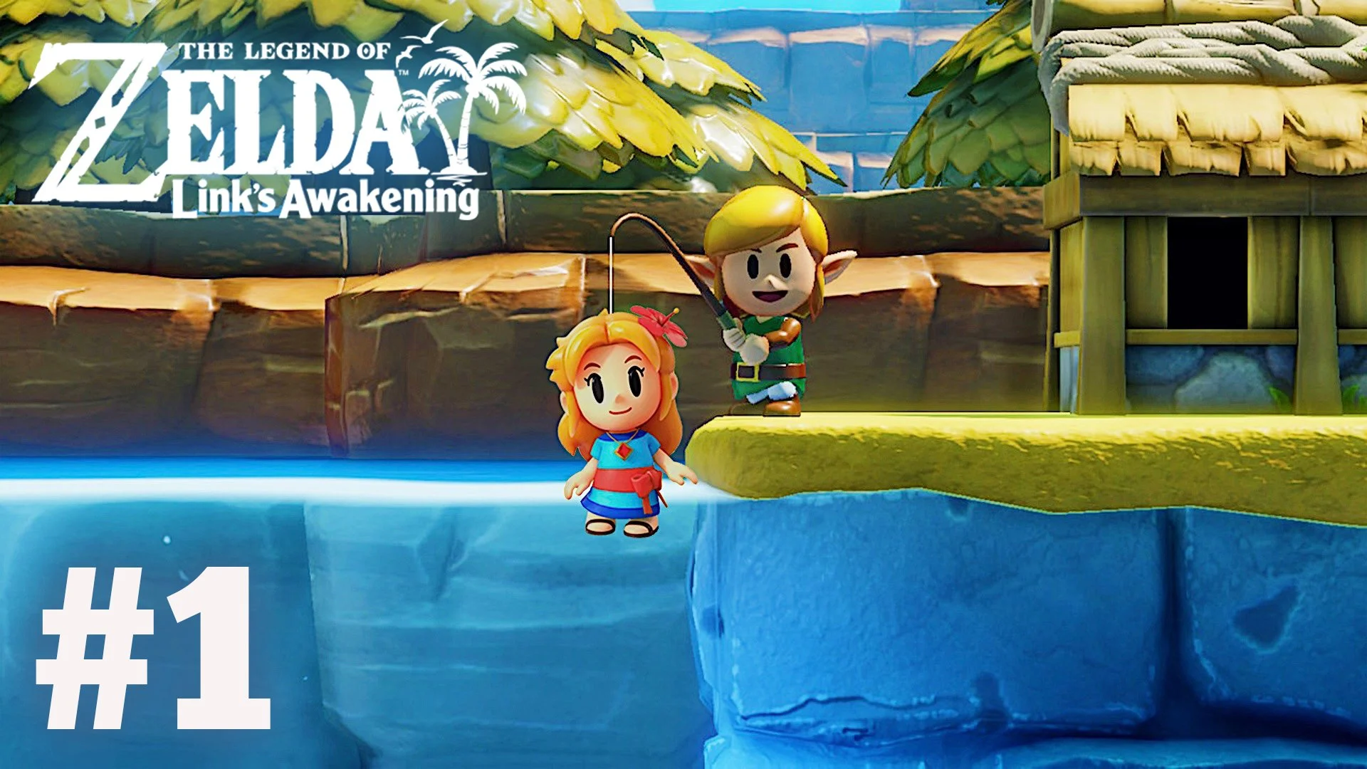 Screenshot from the video game The Legend of Zelda: Link's Awakening showing cartoon characters Link and a girl standing near water on a vibrant, stylized landscape with colorful trees and structures.