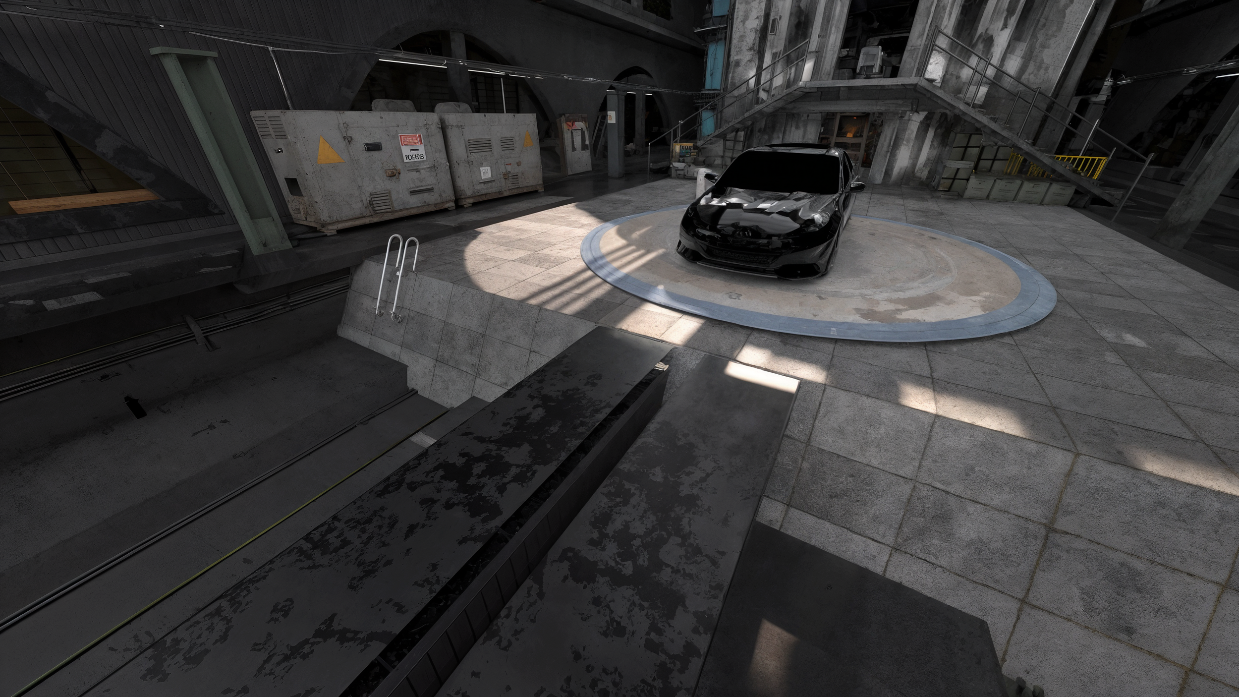A black sports car inside an industrial, concrete-finished building, parked on a circular platform with shadows cast across the tiled floor.