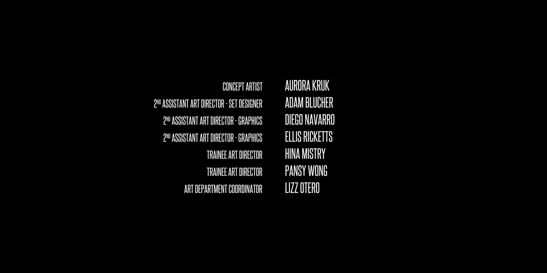 Film ending credits listing roles and names of team members on a black background with white text.