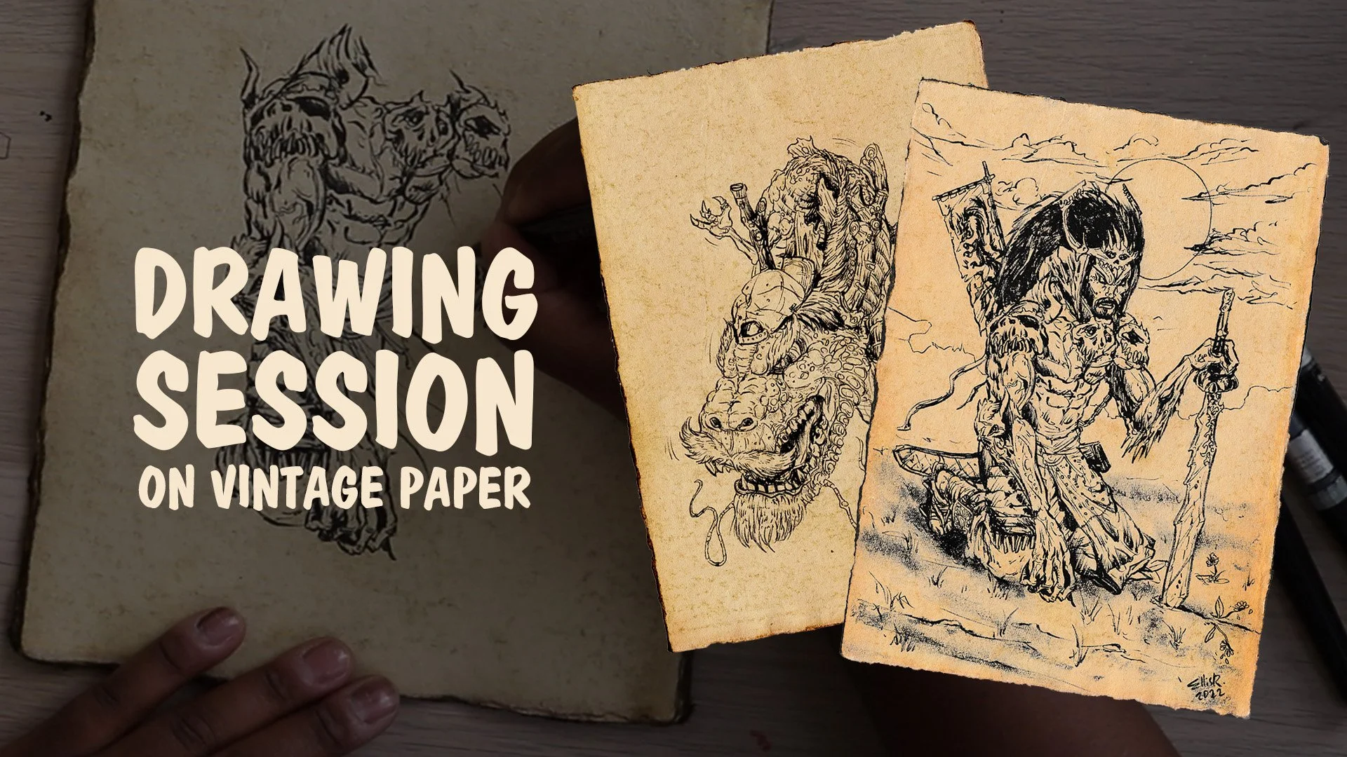 A person holding postcards with fantasy creature drawings, with a background that reads 'Drawing Session on Vintage Paper' in large text.