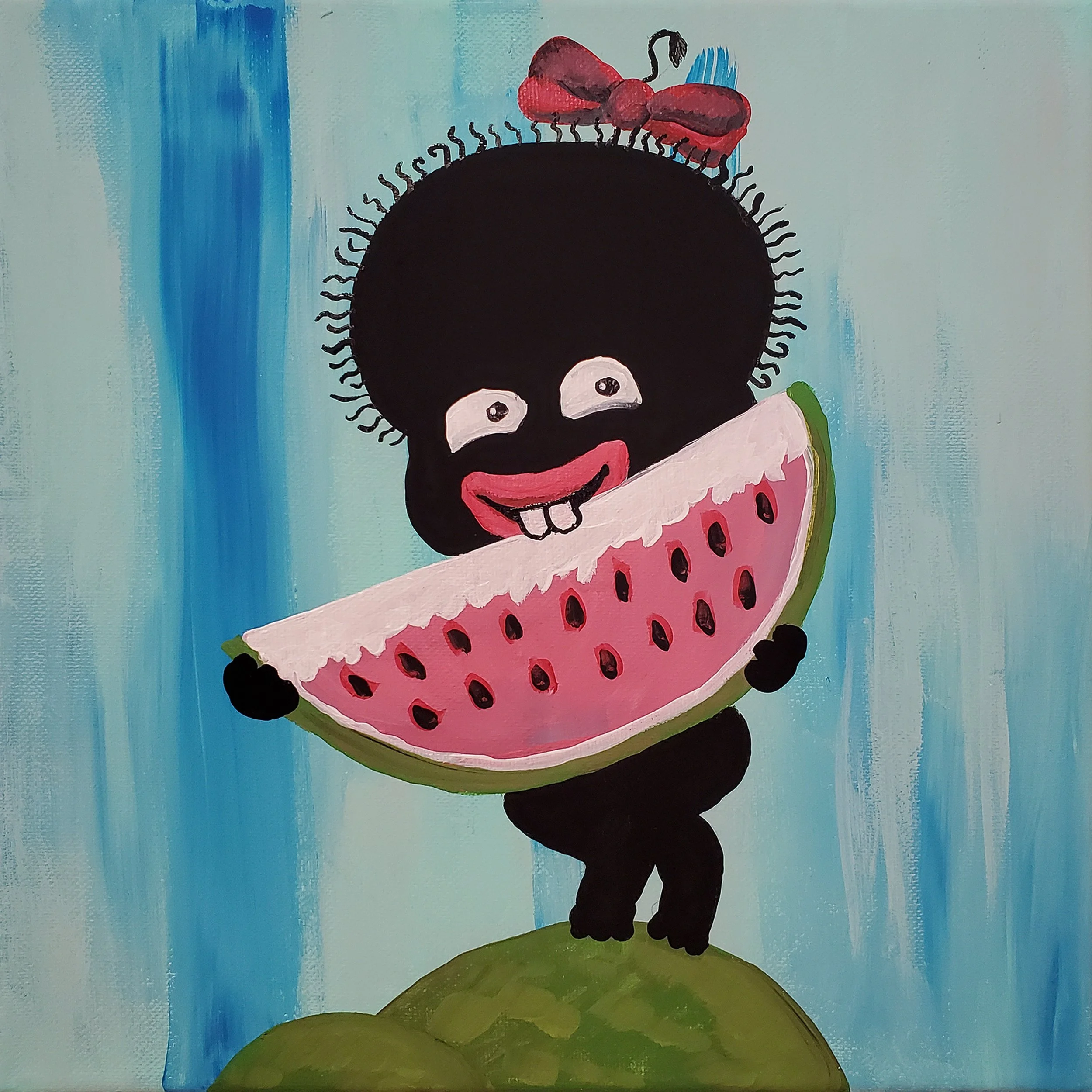 A cartoon character with a large black head, white eyes, pink mouth, and two teeth, holding a slice of watermelon. The character has a red bow on its head and is standing on a green mound against a blue background.