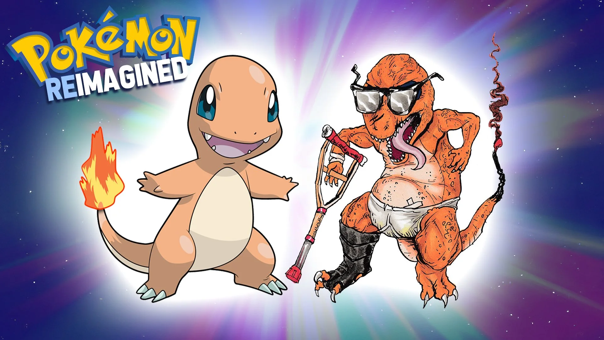 Artwork featuring Pikachu from Pokémon with a fiery tail and Charizard wearing sunglasses, holding a crutch, dressed in a diaper, with a rainbow and starry background, and the text 'Pokémon Reimagined'