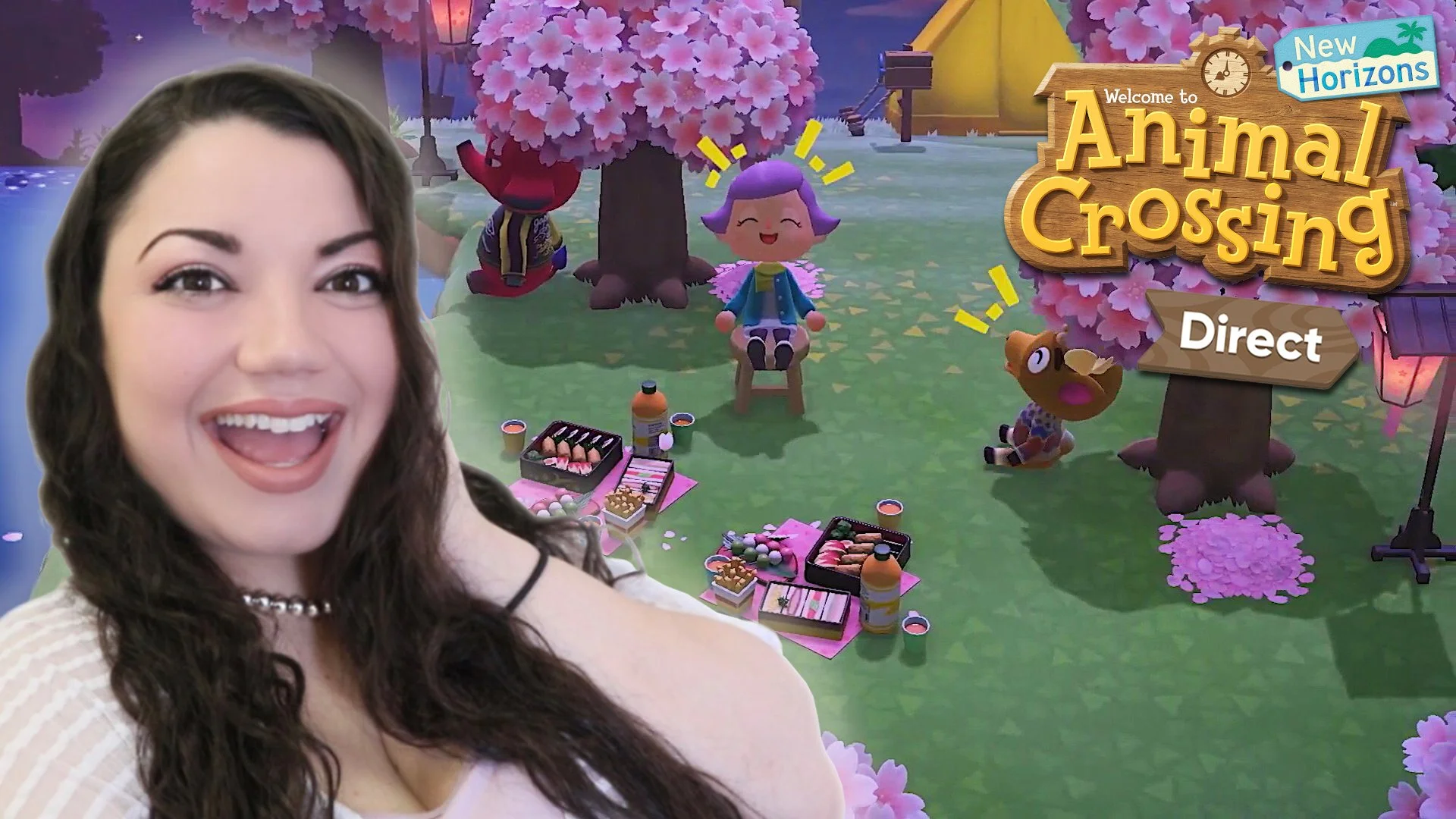 Screenshot promoting Animal Crossing game with an animated scene of pink cherry blossom trees, a picnic setup, and a smiling cartoon character sitting on a bench, with a woman smiling in the foreground.