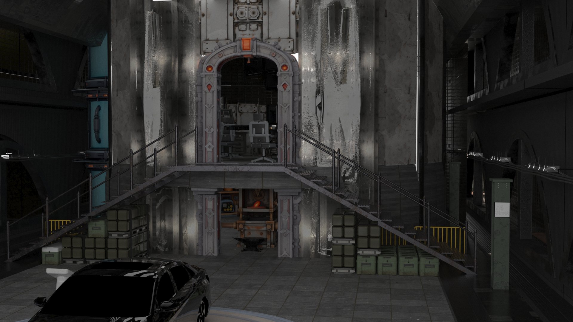 Interior of a futuristic industrial building with a large metallic door, stairs, and a black sports car parked in the foreground.