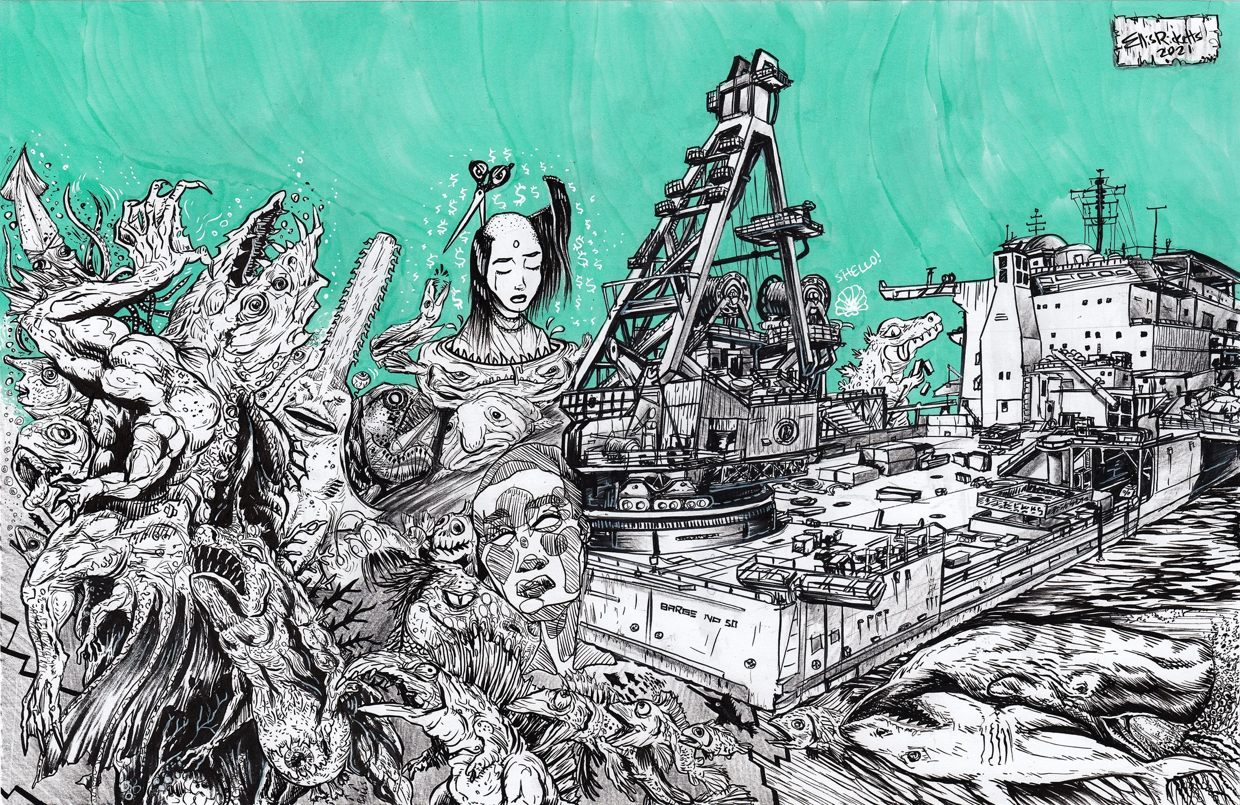 Black and white line drawing of a busy harbor scene with various creatures, including fish, a crocodile, and a woman with long hair, along with industrial structures and a large ship, set against a teal background.