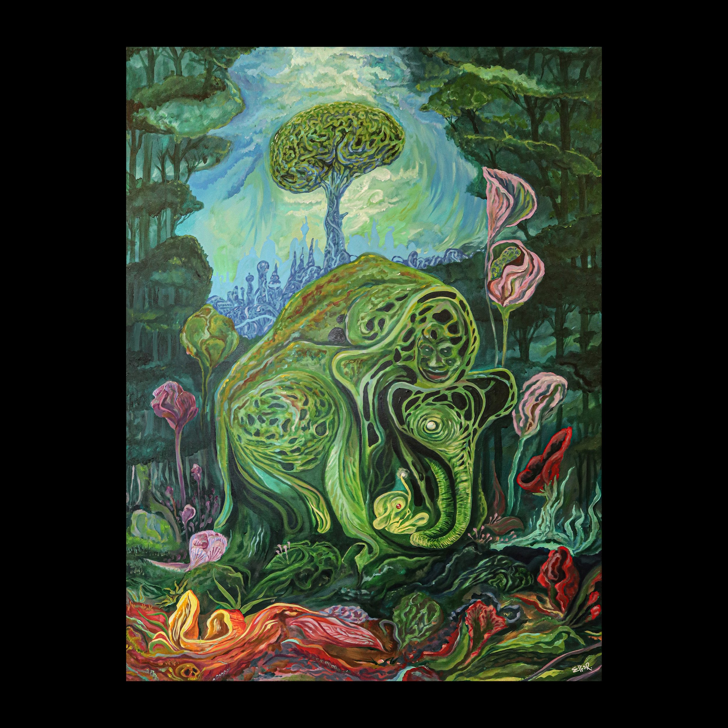 A surrealistic painting depicting green, abstracted dinosaur-like creatures in a forest with trees and flowers, featuring vivid, swirling colors and a mystical atmosphere.