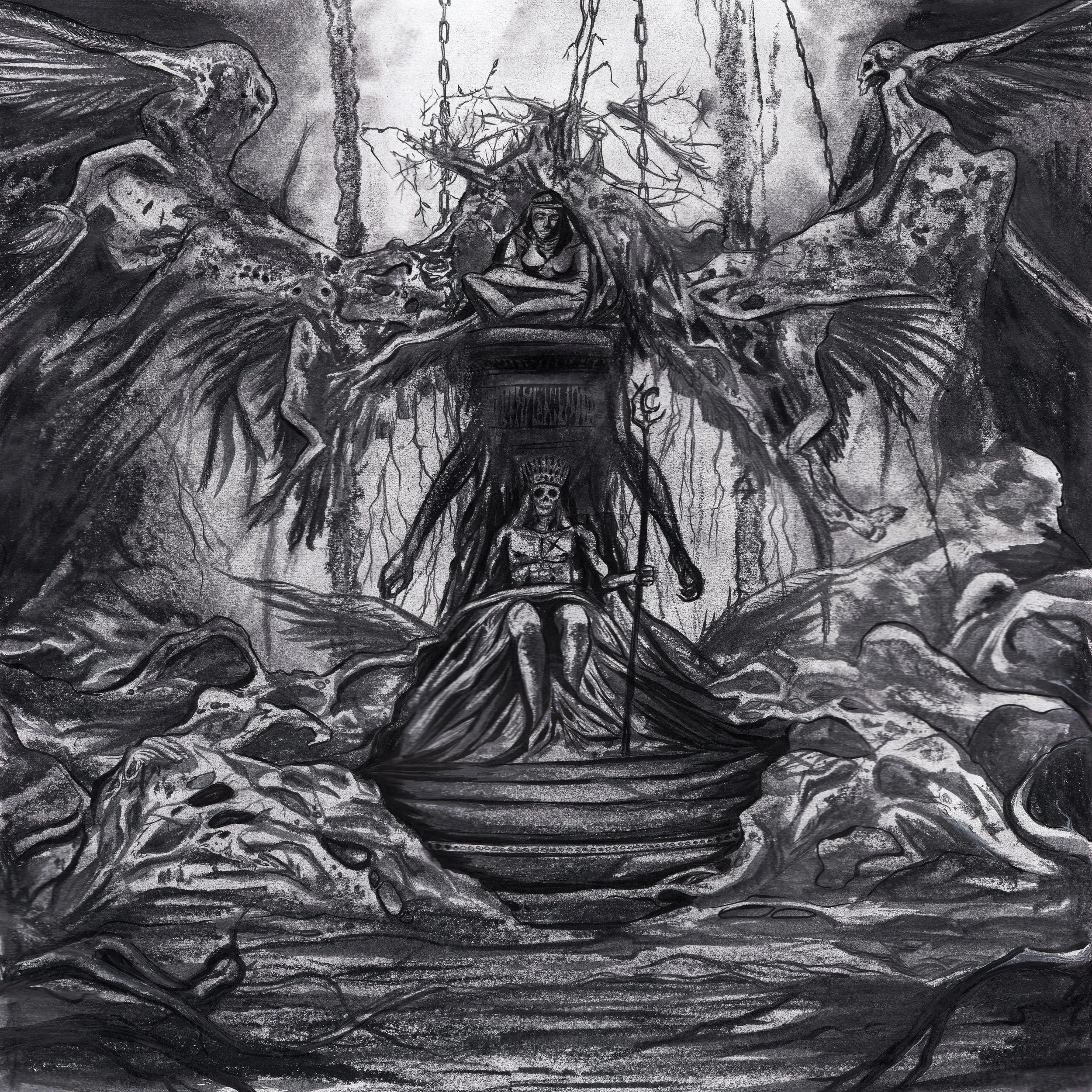 A dark, fantasy-style illustration depicting a throne scene in a swampy, eerie forest. A hooded, ghostly figure sits on a throne on a boat, holding a staff, with a crown on their head. Behind them, a skeletal or ghostly woman with long hair sits on a higher platform, surrounded by large, dragon-like creatures with wings. The scene is filled with twisted trees, roots, and monstrous creatures, creating a sinister and mystical atmosphere.