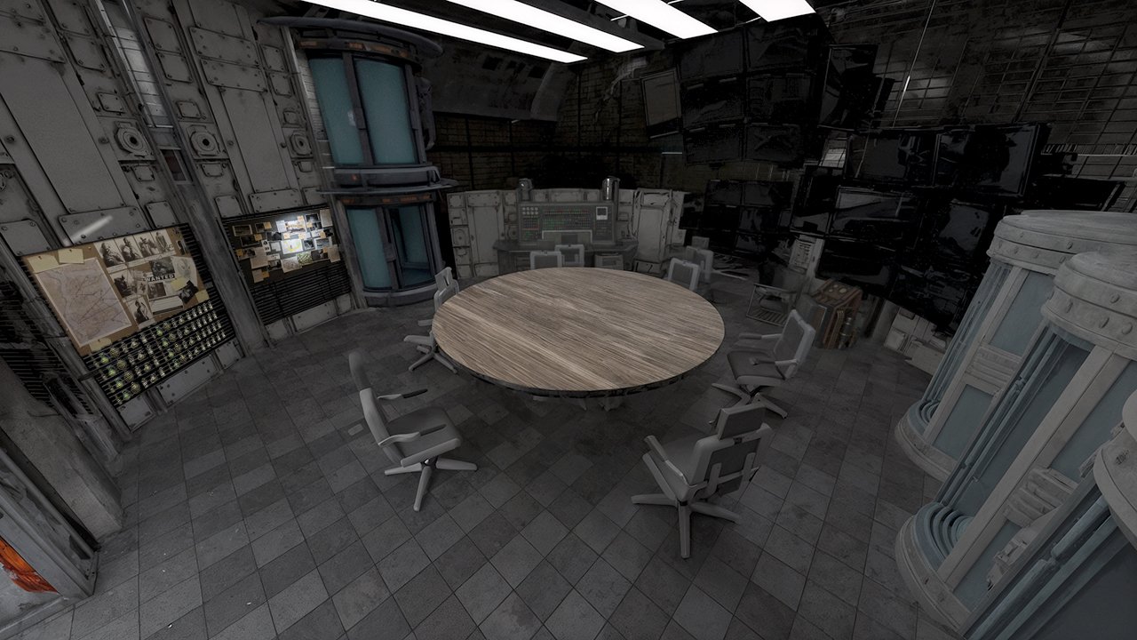 A futuristic conference room with a round wooden table, chairs, multiple computer monitors and control panels, and display screens on the walls in a sci-fi setting.