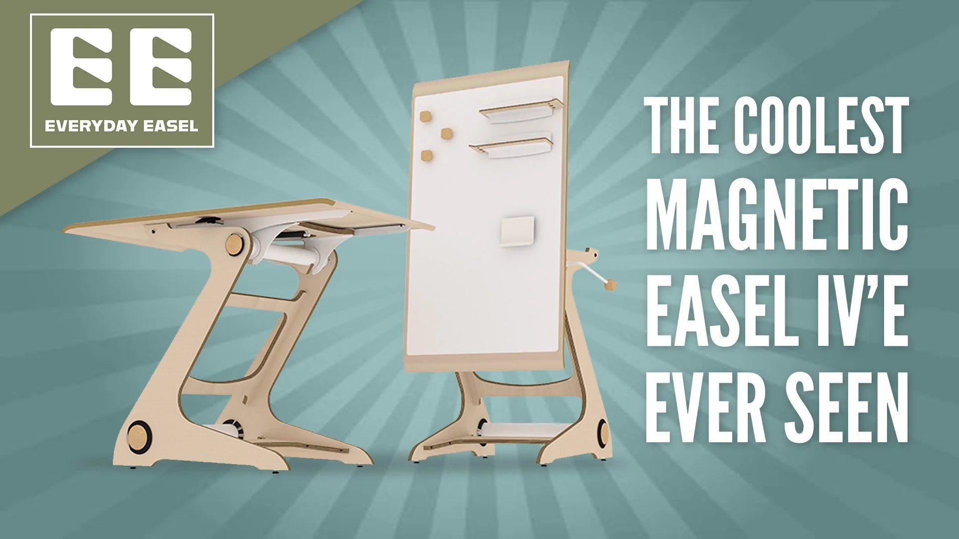 A wooden desk with a metal frame and a rectangular whiteboard on a matching stand. The desktop is angled for writing, and the stand has a whiteboard with two small shelves, a set of pegs, and a small white box. The background features blue radial ray