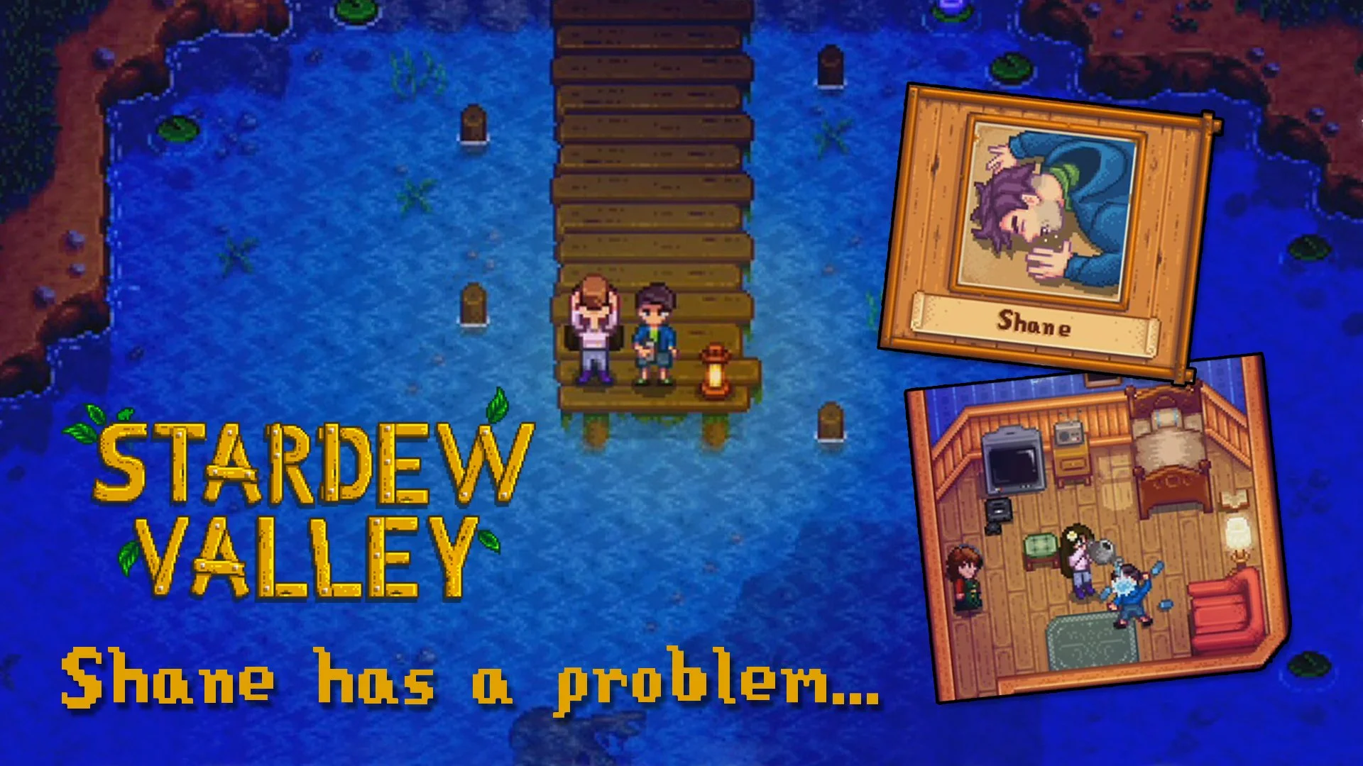 Screenshot of Stardew Valley game with characters on a dock, a portrait of Shane, and a room with characters in a domestic setting.