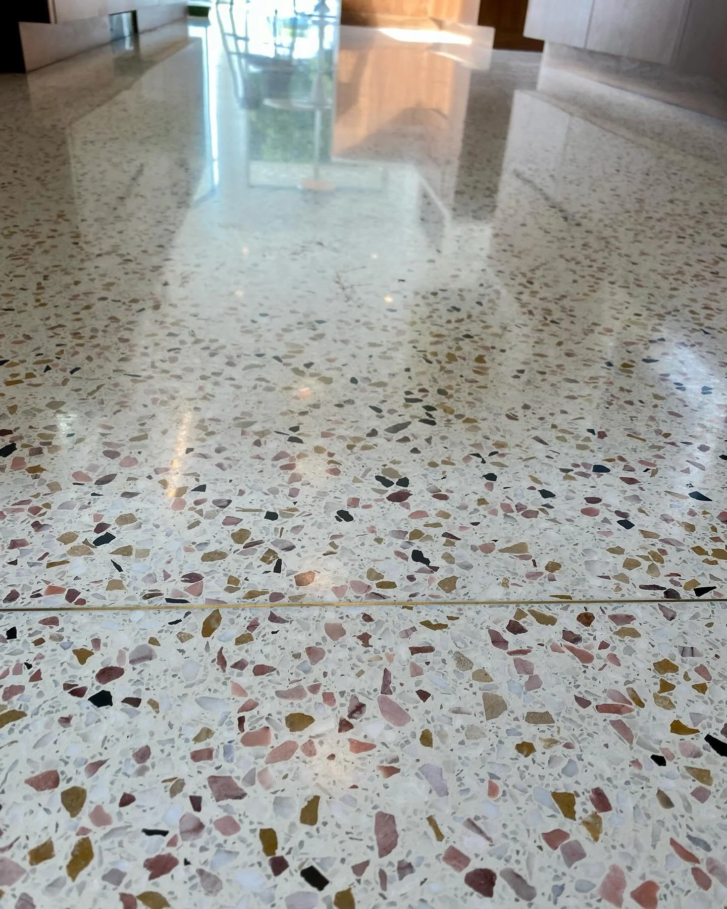This project from a few years ago still looks good as ever. This specialty terrazzo compliments and ties together each space within this home so well. Residential terrazzo is truly one of a kind ✨ Call us for your next terrazzo project&hellip; 📞 (42