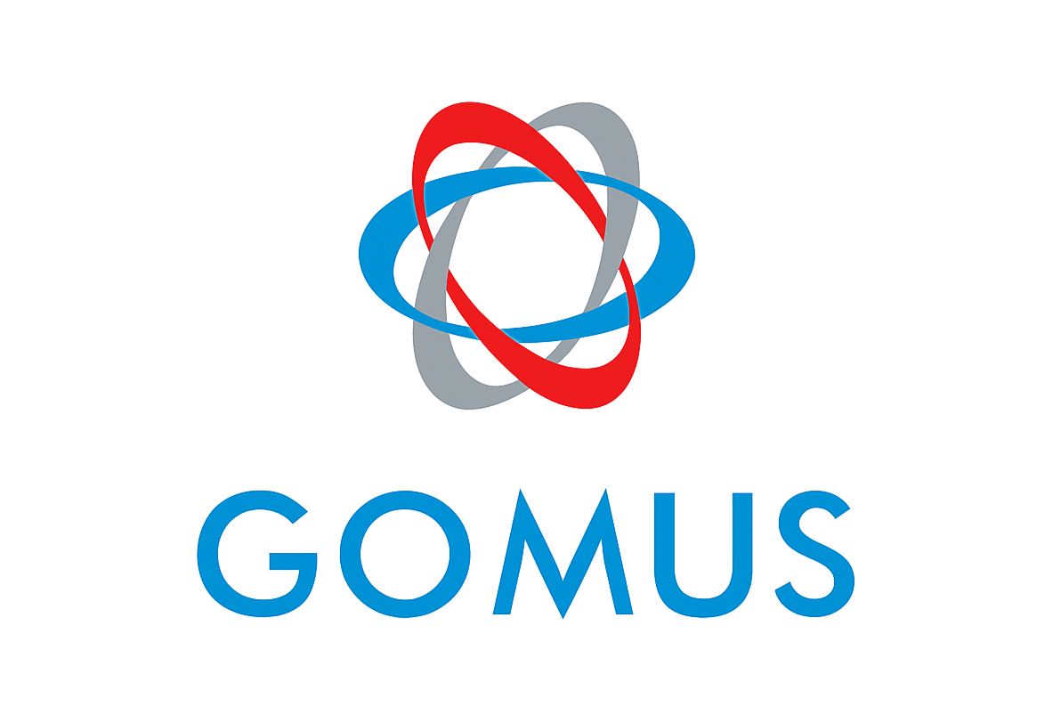 GOMUS logo with a stylized atom symbol consisting of red, blue, and gray orbits above the text GOMUS in blue capital letters.