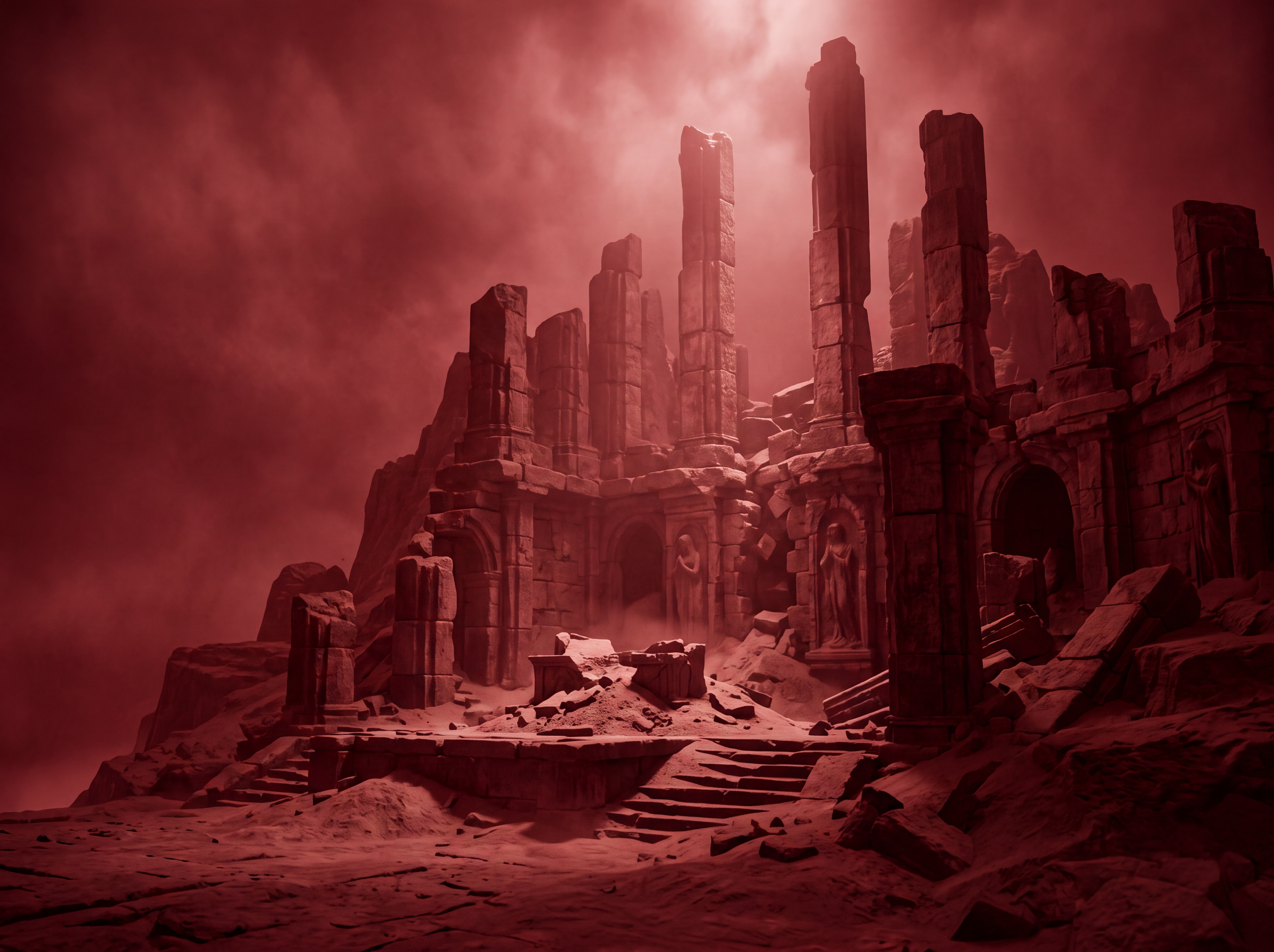 Firefly_Gemini Flash_Surreal vertical scene in deep monochrome red, a colossal abandonned stone structure  716888.png