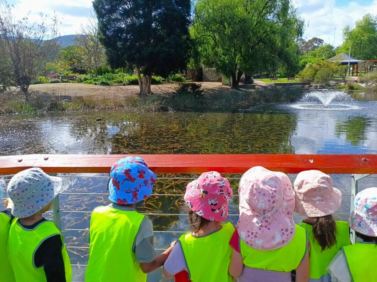 Children wearing bright yellow safety vests and colorful hats look at a pond with a fountain in a park setting, surrounded by green trees and shrubs.