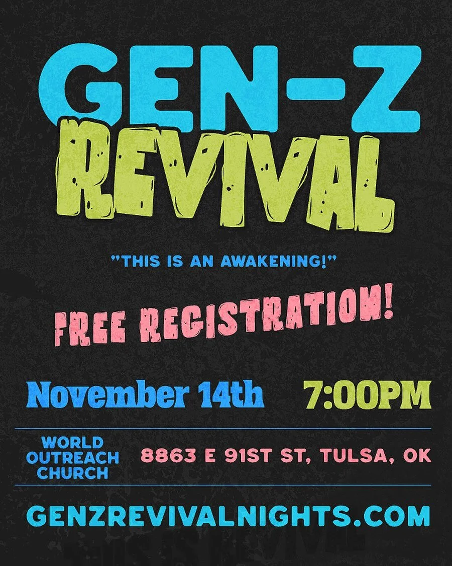 Round 2 anyone!?? Come out to November’s Gen-Z Revival Nov. 14th at 7pm! 
We are believing for an encounter with GOD, Mircales signs and wonders! 🔥🔥
Register : genzrevivalnights.com
