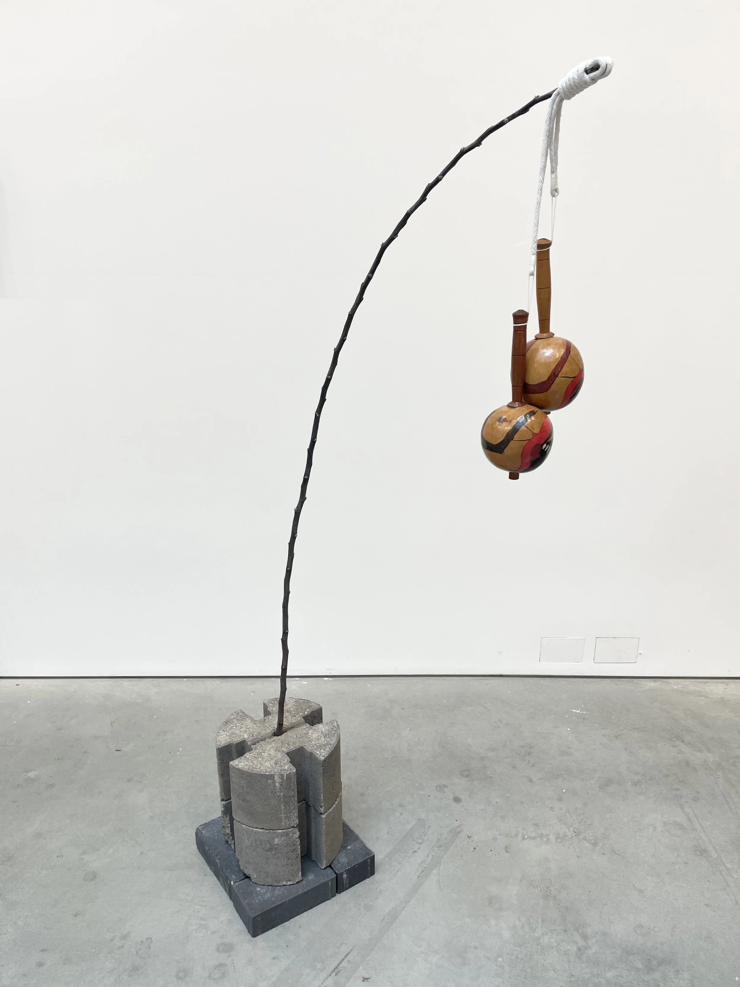   Grounding resonator II   2025  Concrete planter blocks, tree branch, maracas, rope 