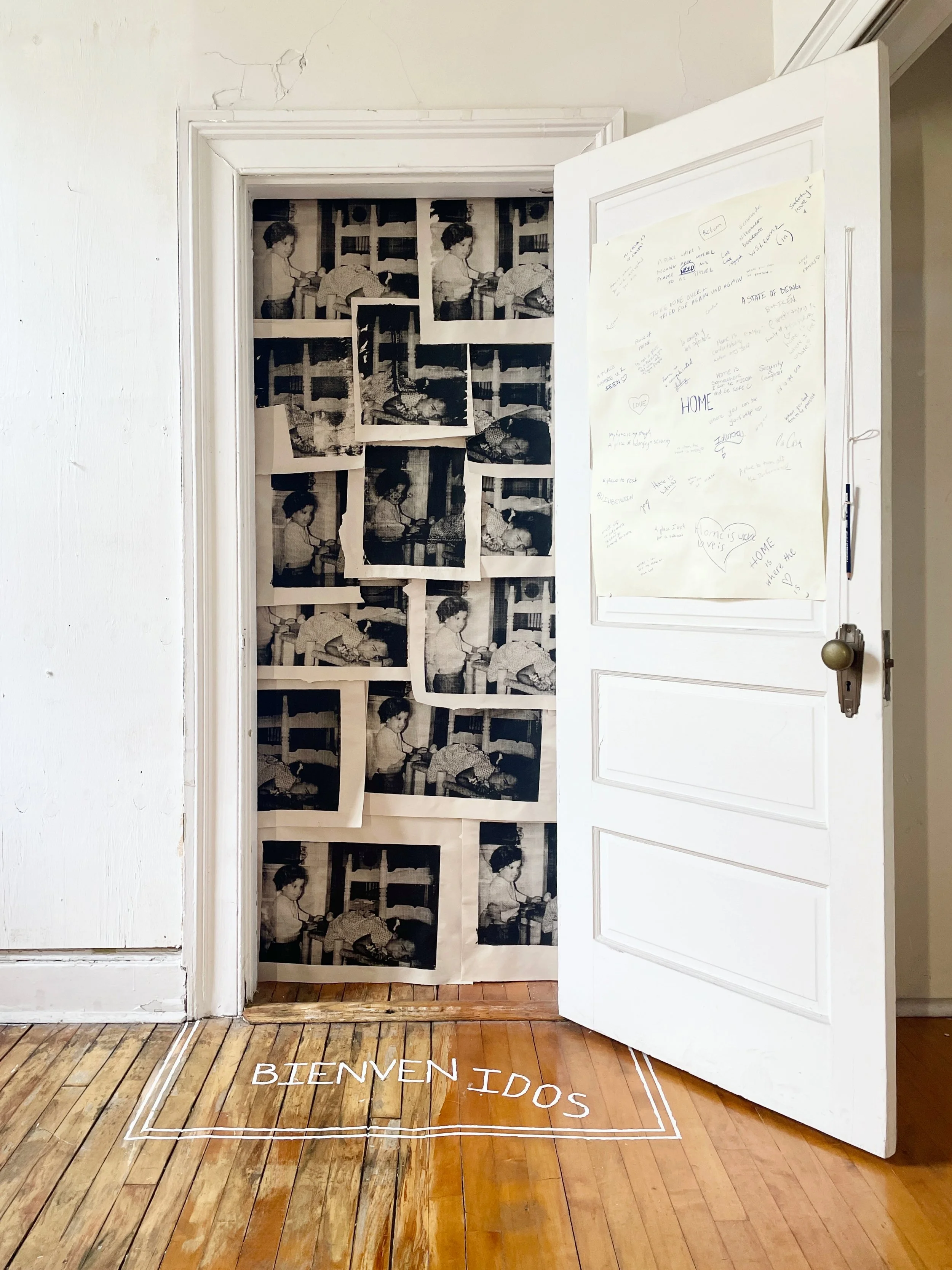  Domum/ homewards   2026  Site intervention, House #18, Nolan Park, Governors Island, NY  Screen printed paper, tape, pencil   