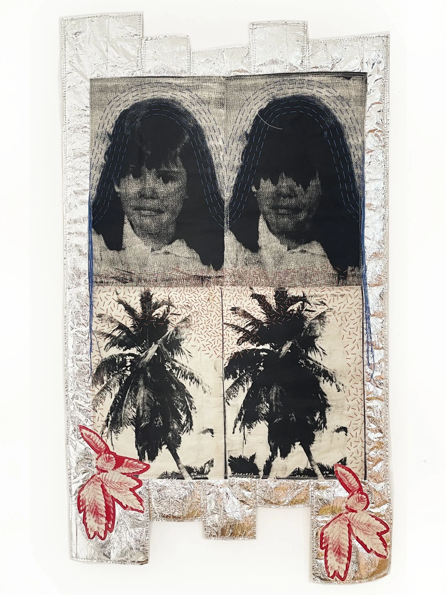   The myth of return   2025  Screen printed textiles, emergency foil blankets, foil thread, cotton floss 