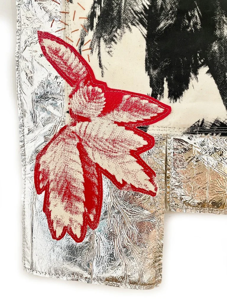   The myth of return (detail)   2025  Screen printed textiles, emergency foil blankets, foil thread, cotton floss 