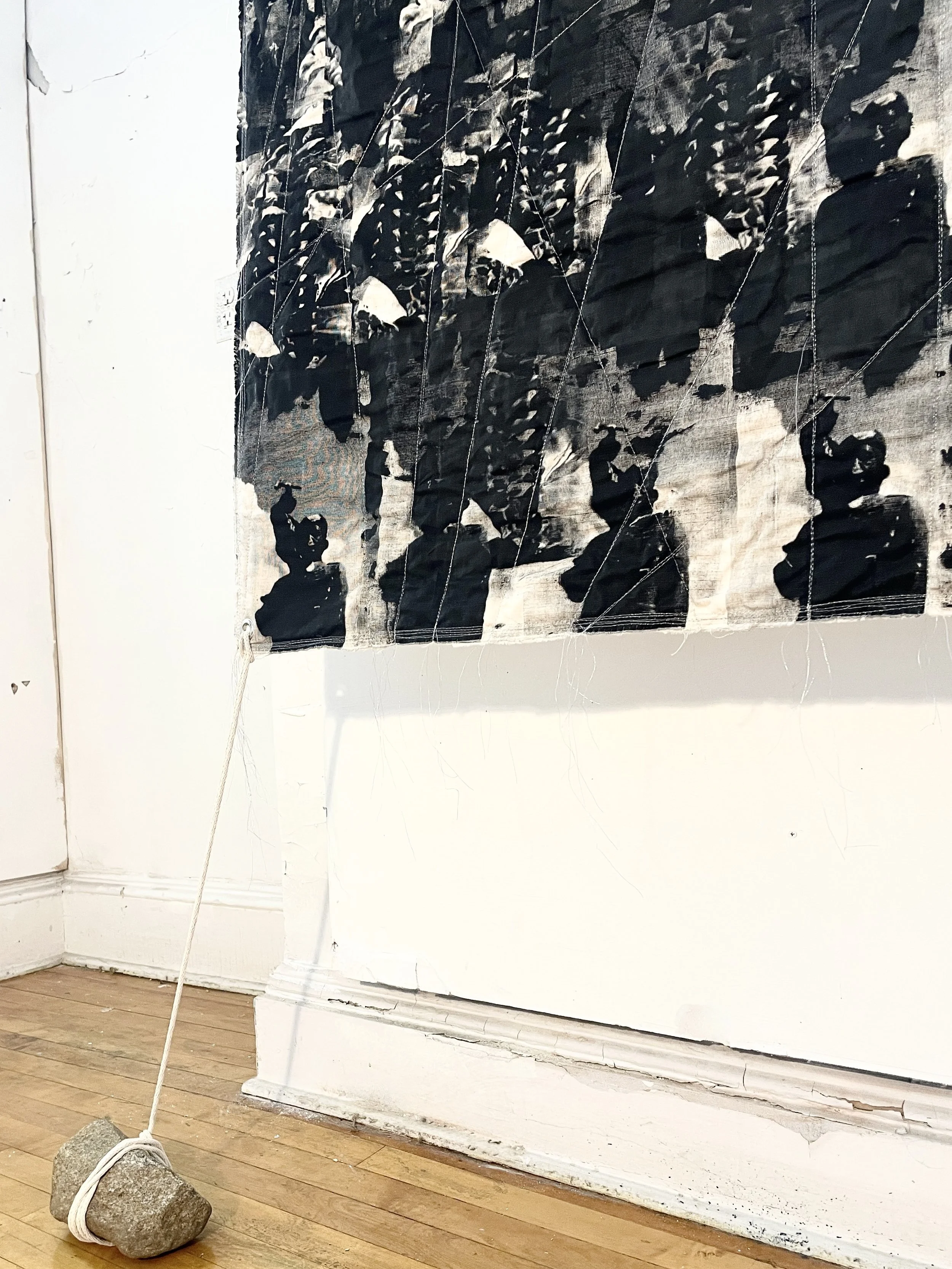   Los Dinosaurios (detail, bottom left)   2026  Screen printed textiles, emergency foil blankets, foil thread, grommets, hammock rope 