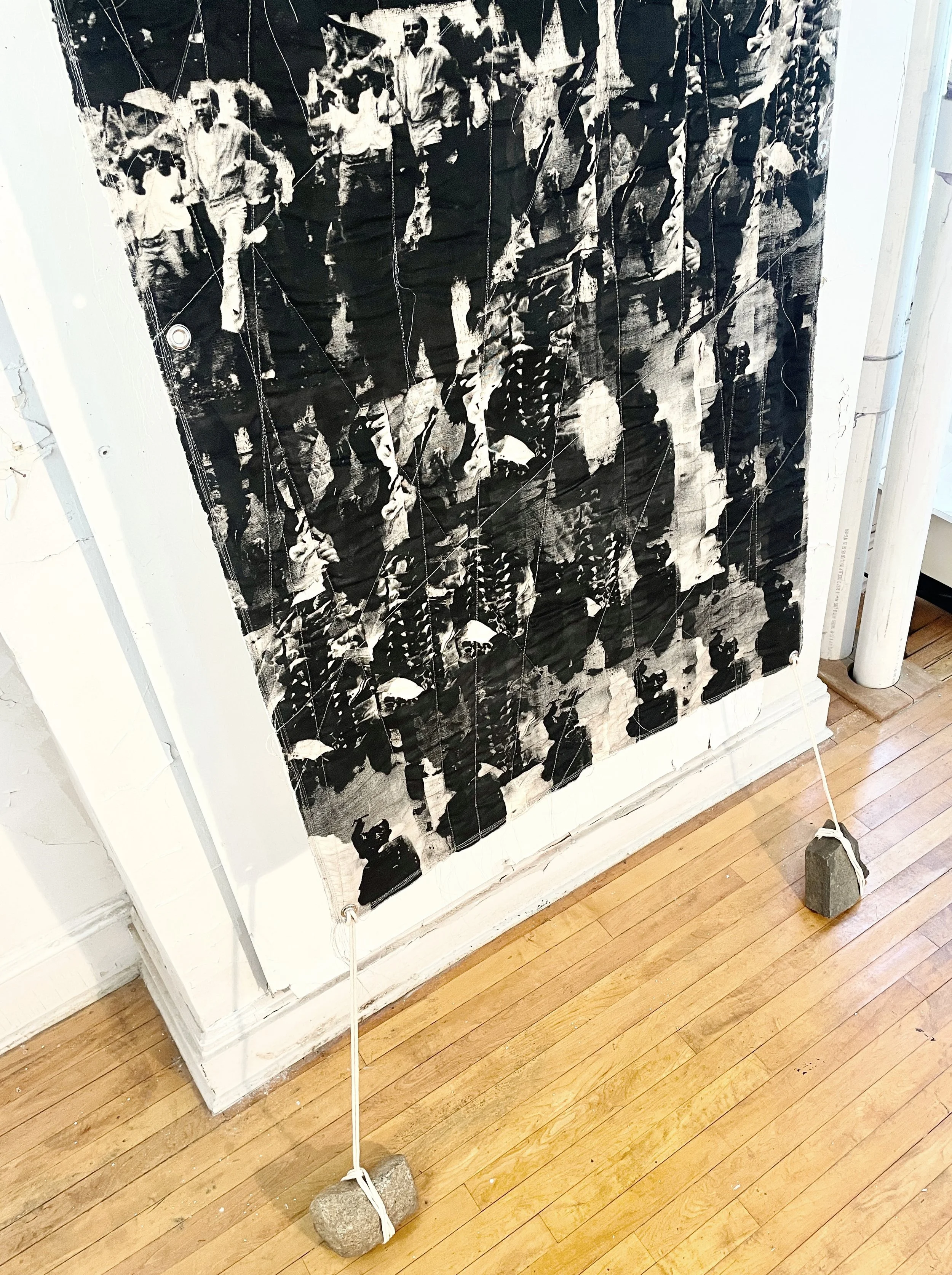   Los Dinosaurios (detail)   2026  Screen printed textiles, emergency foil blankets, foil thread, grommets, hammock rope 