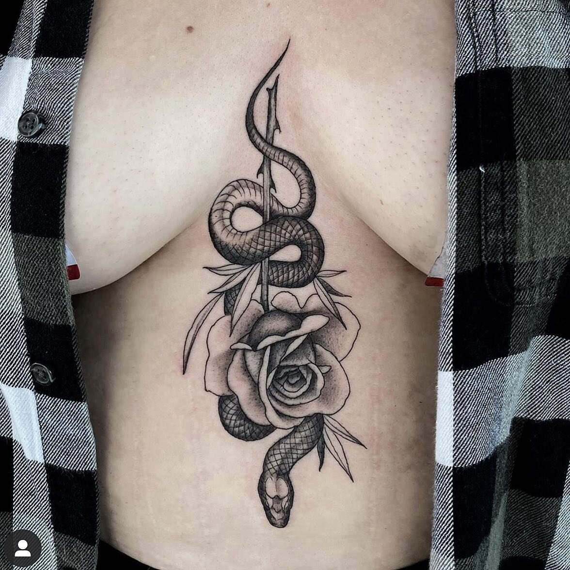 Tattoo uploaded by Stacie Mayer • Dagger and rose sternum tattoo by Emily  Jane. #traditional #dagger #flower #rose #EmilyJane • Tattoodo