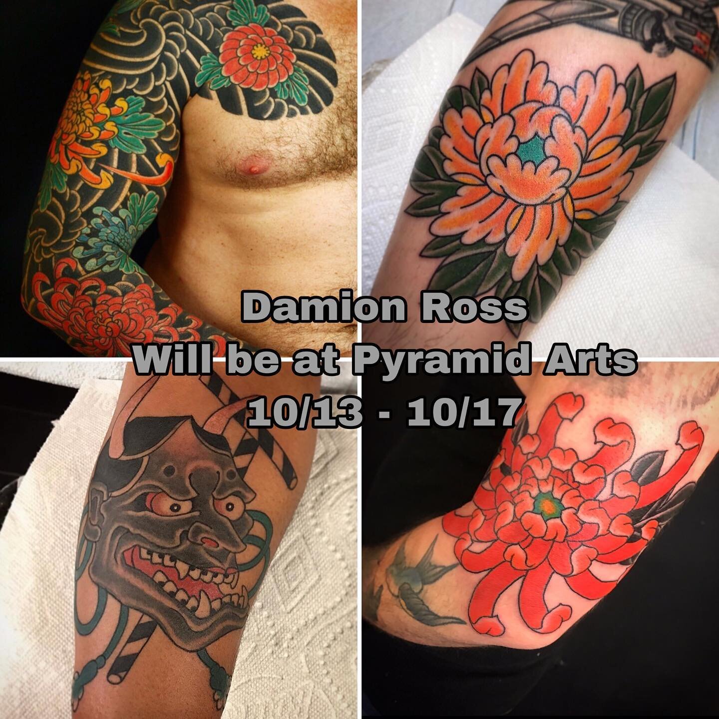 Don&rsquo;t sleep on this! @damionross will be HERE at PYRAMID ARTS TATTOO from Tuesday 10/13- Saturday 10/17 !! Email to book! Only a few spots left!!! Pyramidartstattoo@gmail.com