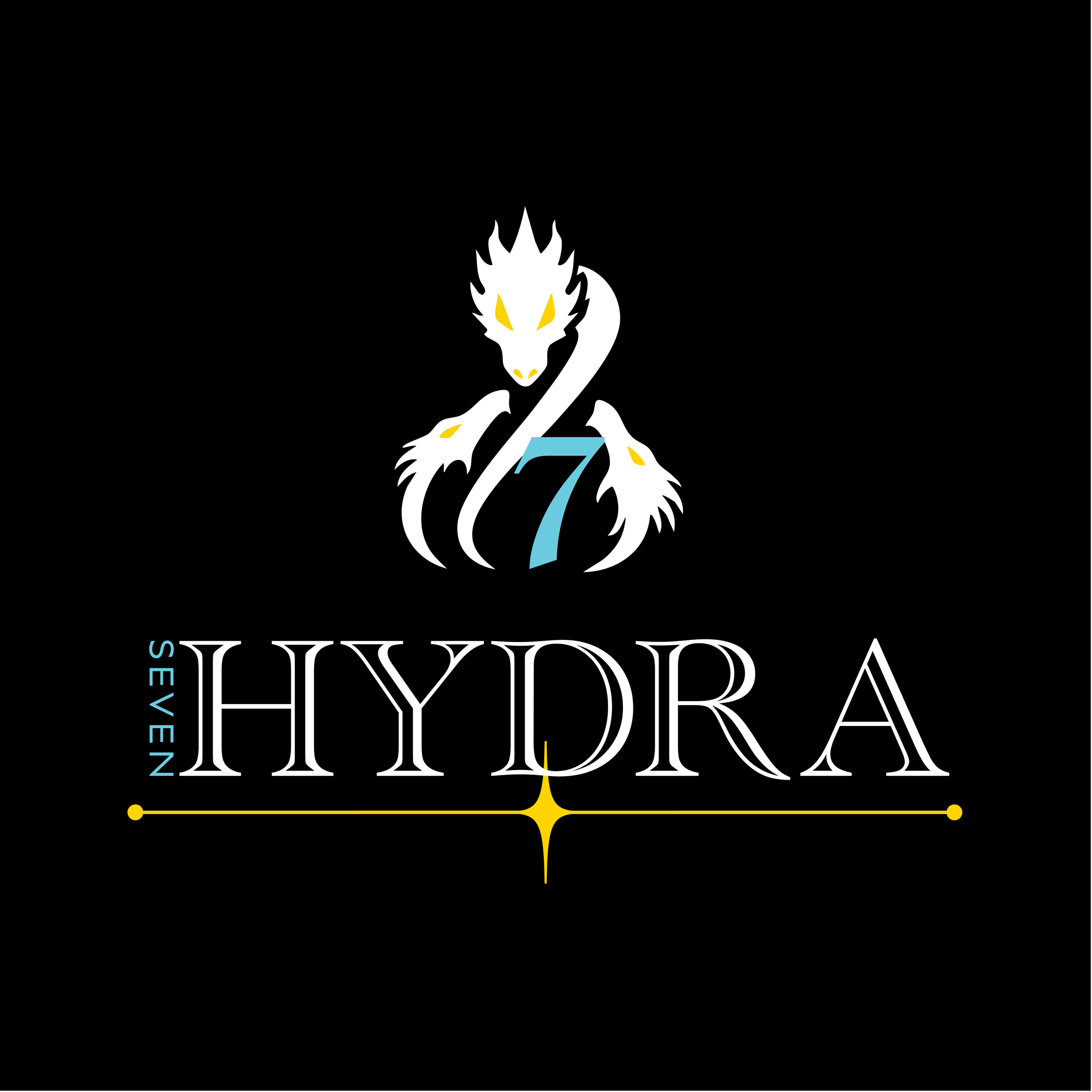 Logo featuring a white dragon with yellow accents and a blue number 7, with the words "SEVEN HYDRA" in stylized text, on a black background.