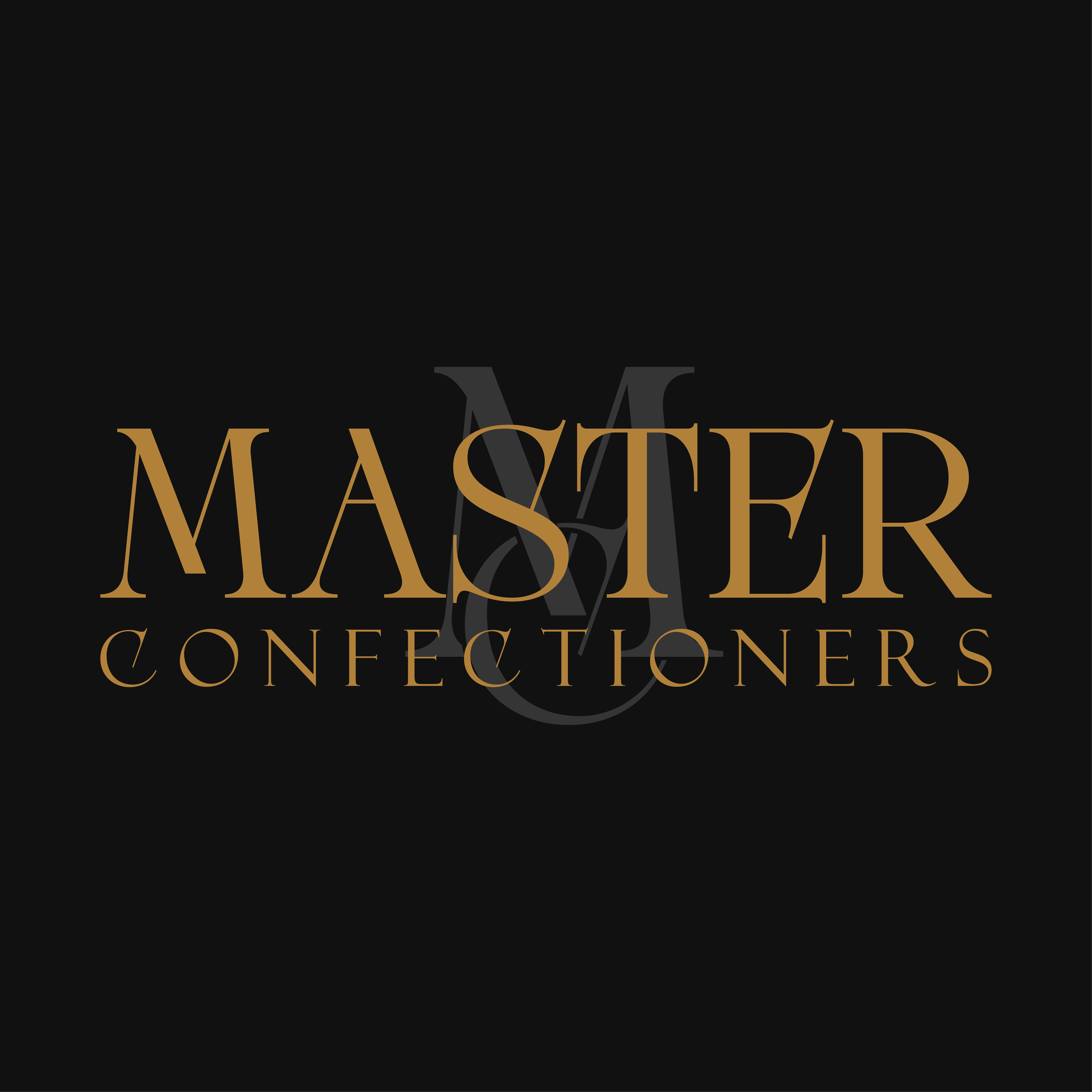Logo for Master Confectioners with gold and gray text on a black background