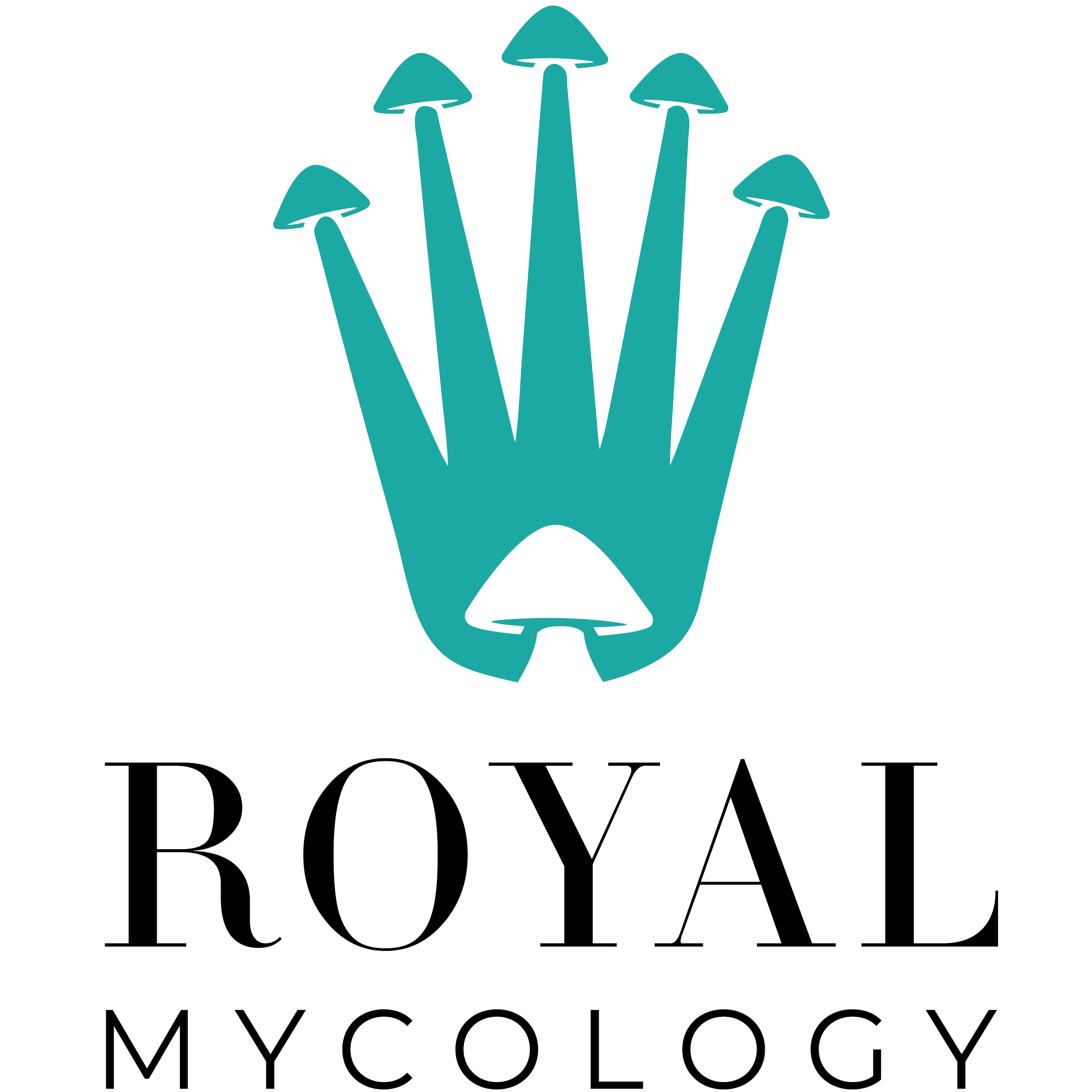 A logo with a stylized cyan crown featuring five pointed tips, with black openings, above the words "Royal Mycology" written in thin black outline font.